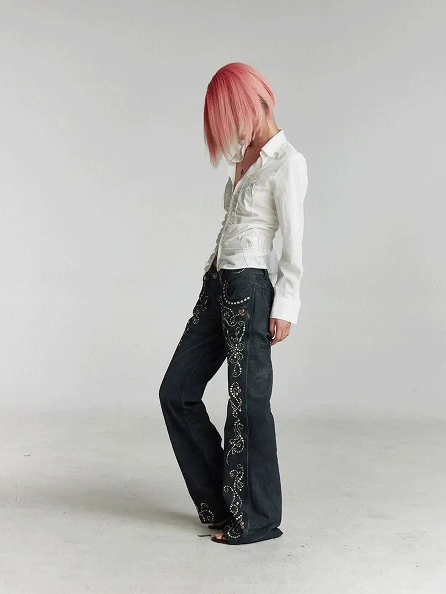 FayChui Vintage Gemstone Floral Print Flare Pants