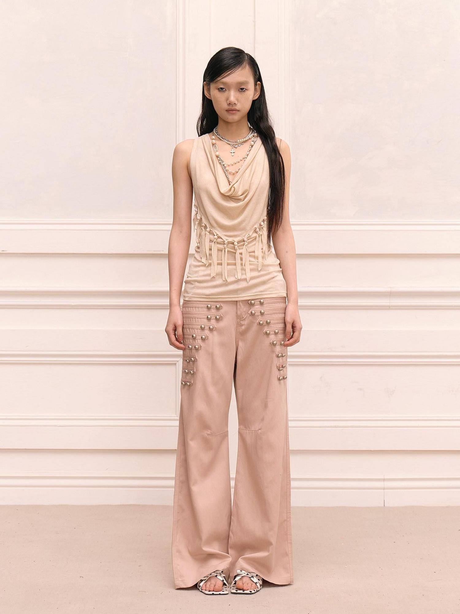 FayChui Vintage Heart Tassel Beaded Halter V-neck Women&