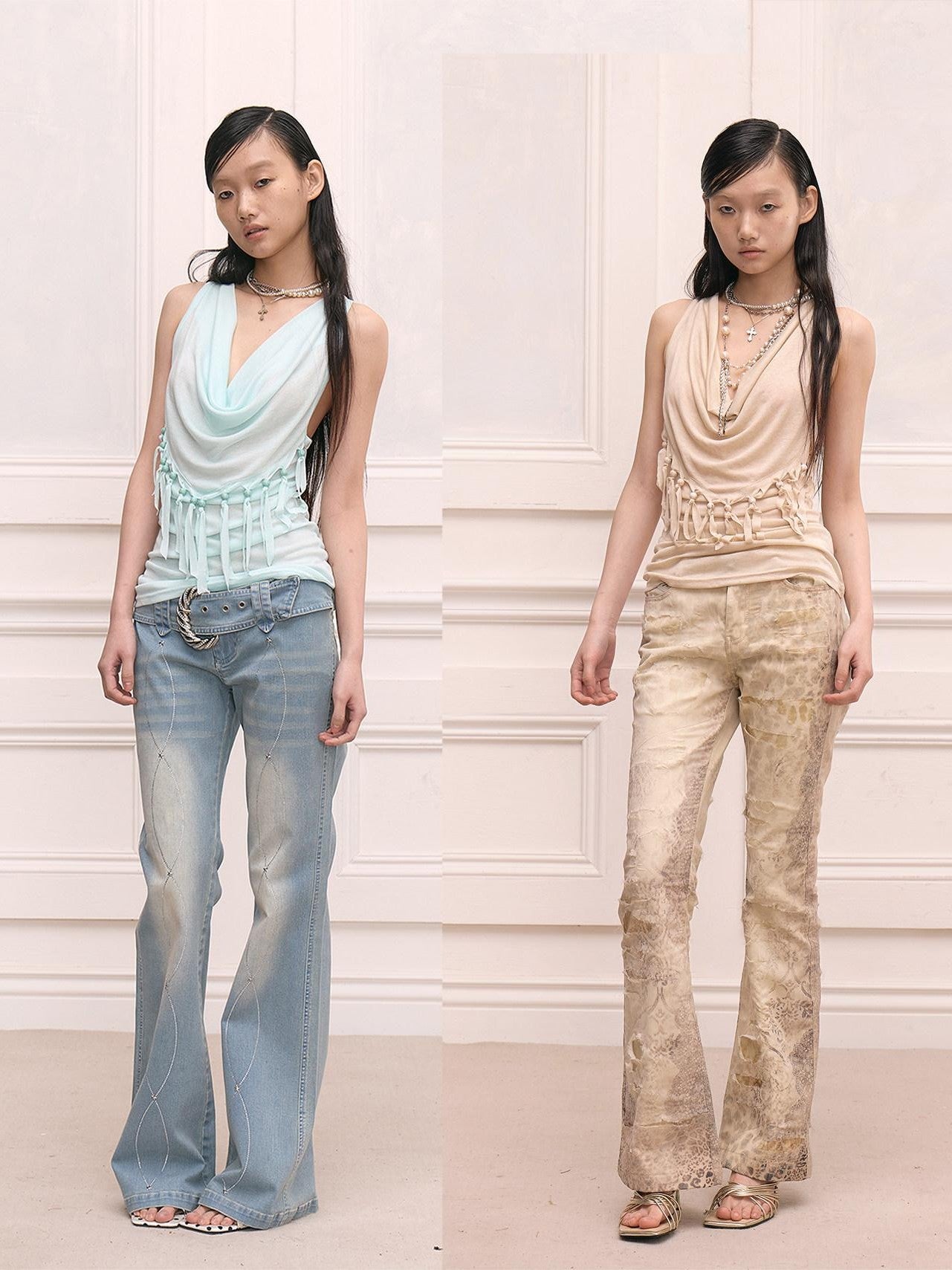 FayChui Vintage Heart Tassel Beaded Halter V-neck Women&