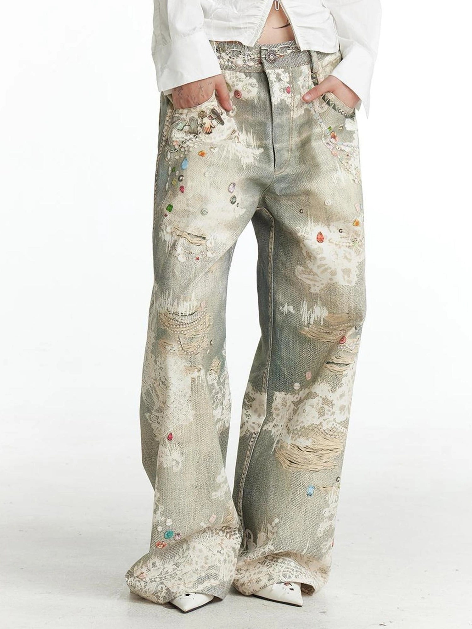 FayChui Vintage Lace Print Denim Trousers
