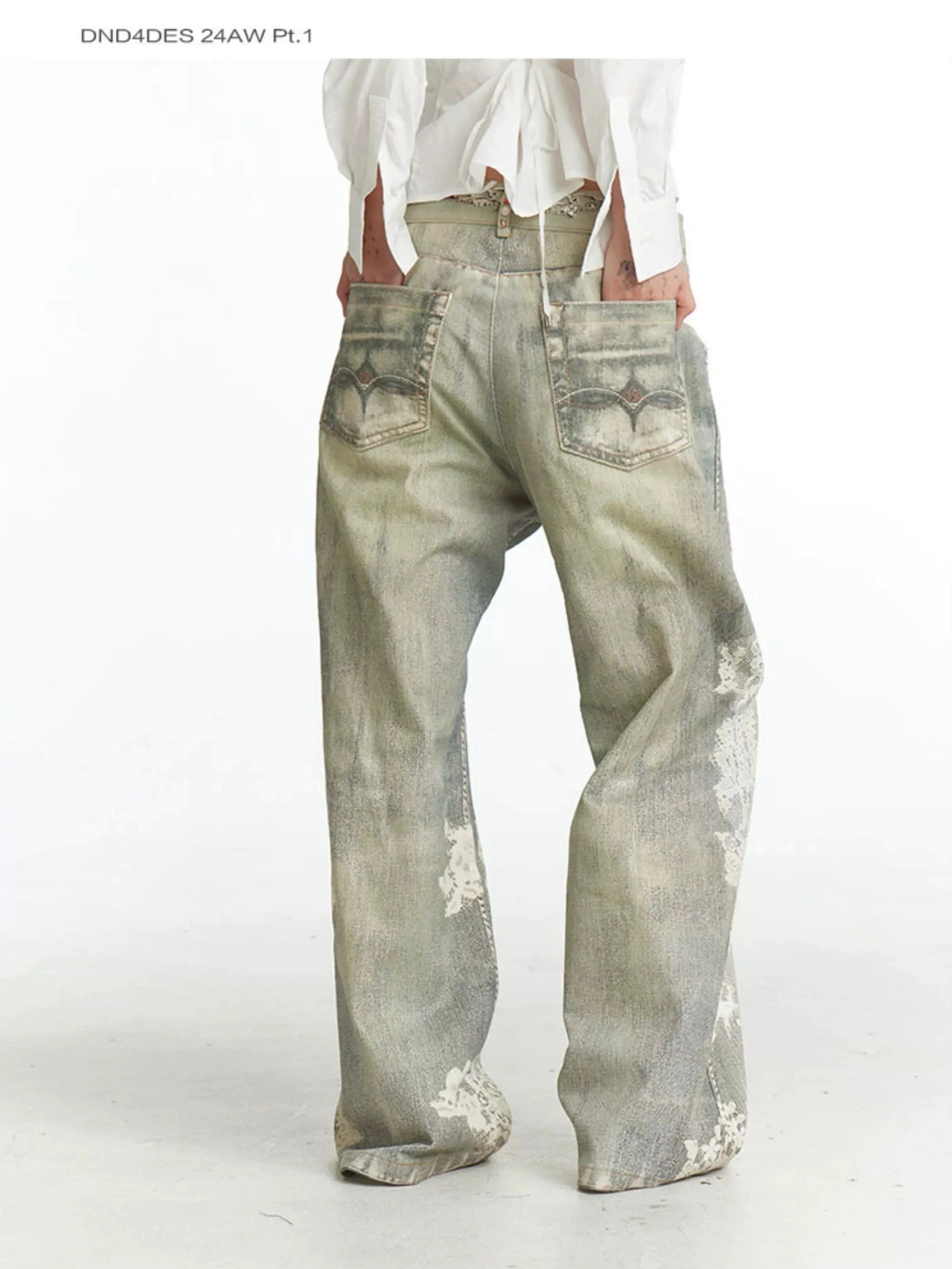 FayChui Vintage Lace Print Denim Trousers