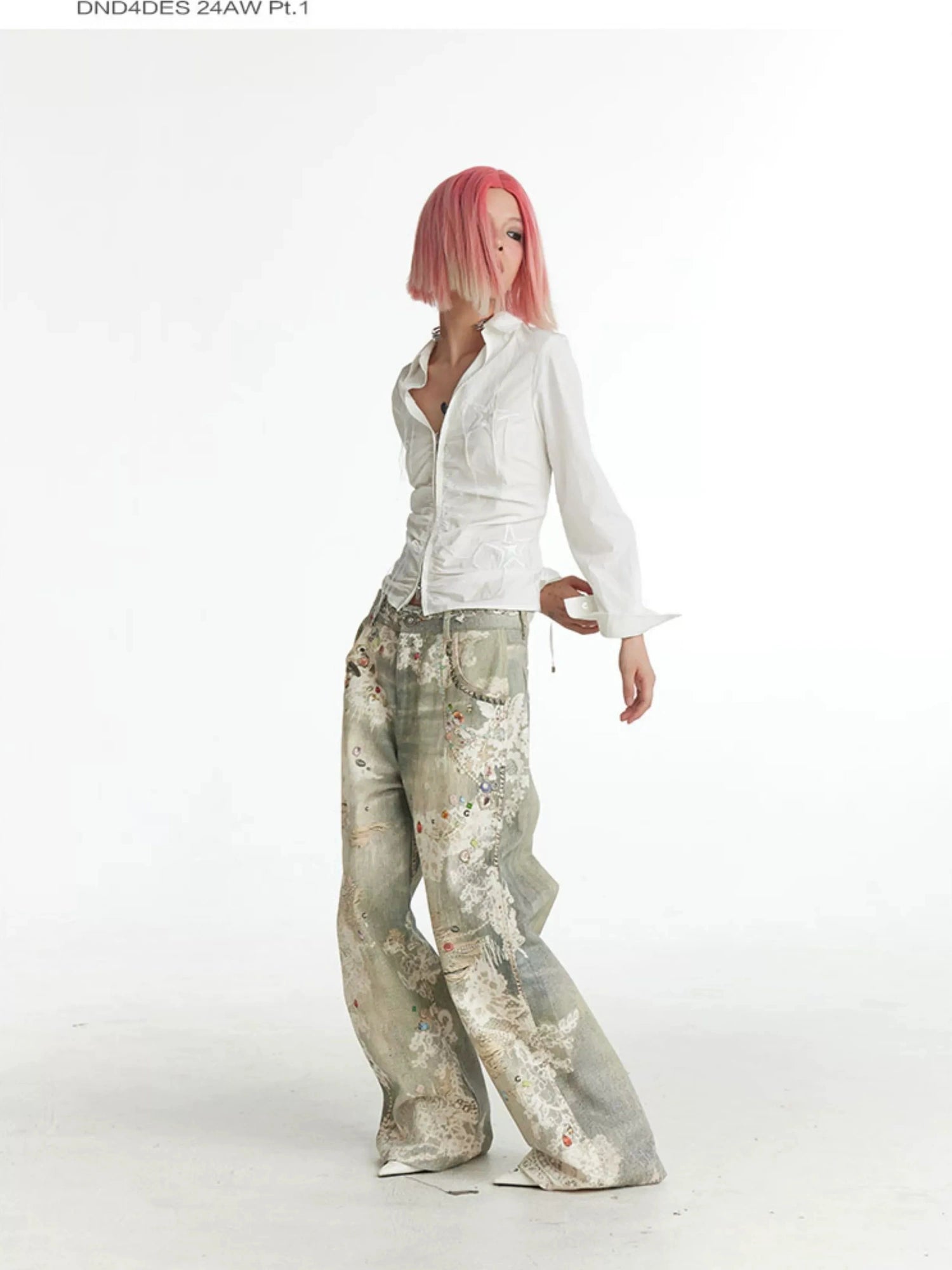 FayChui Vintage Lace Print Denim Trousers