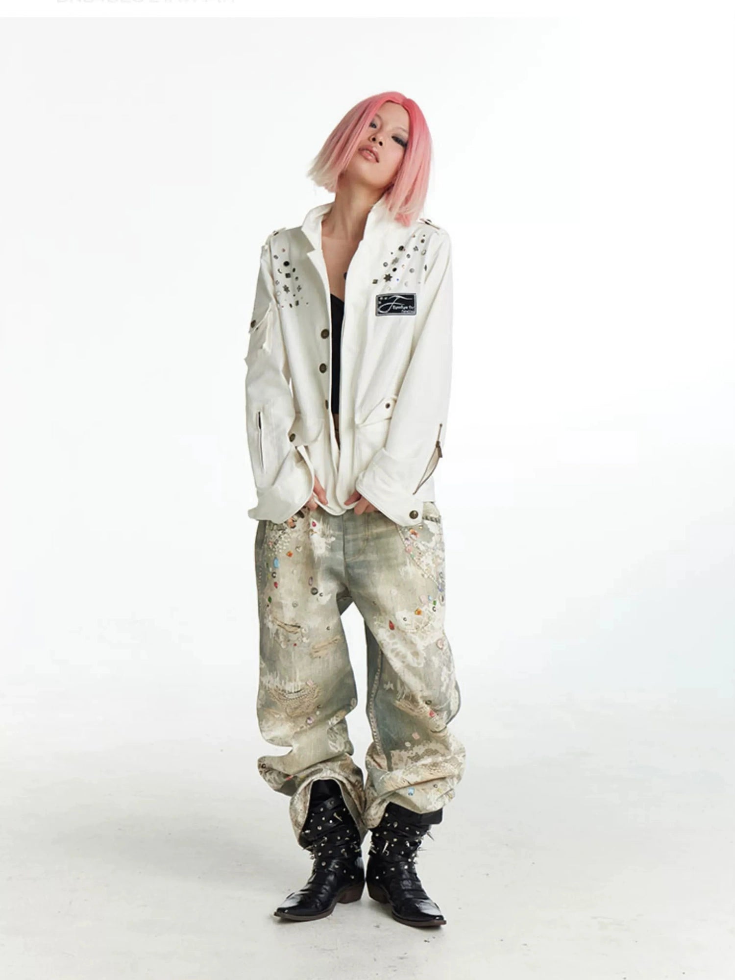 FayChui Vintage Lace Print Denim Trousers