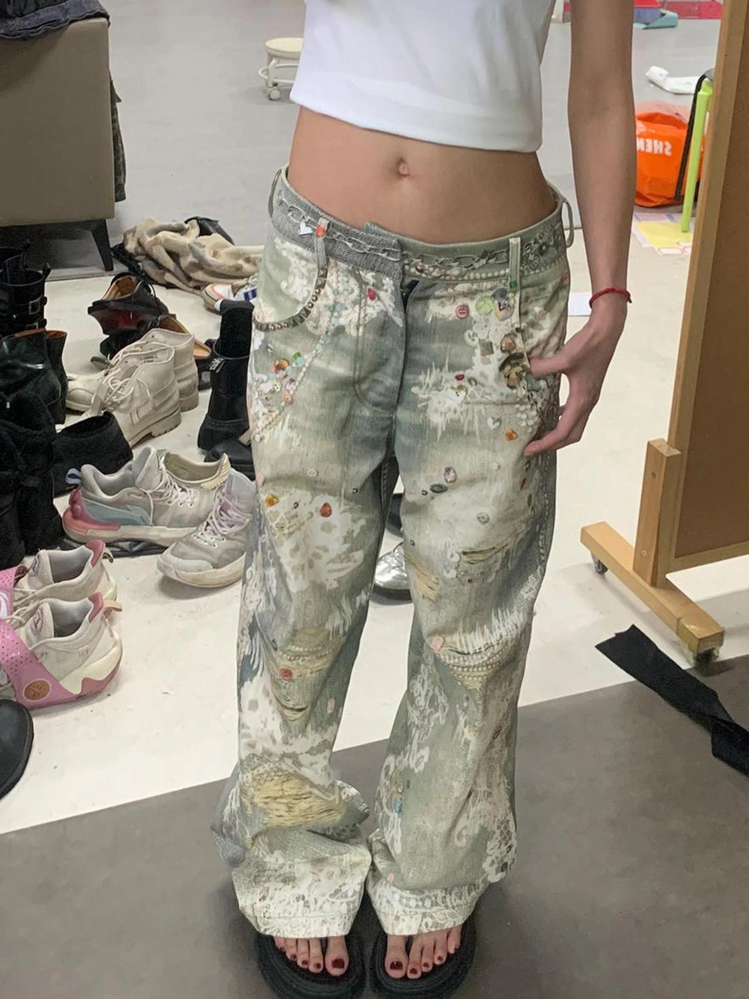 FayChui Vintage Lace Print Denim Trousers