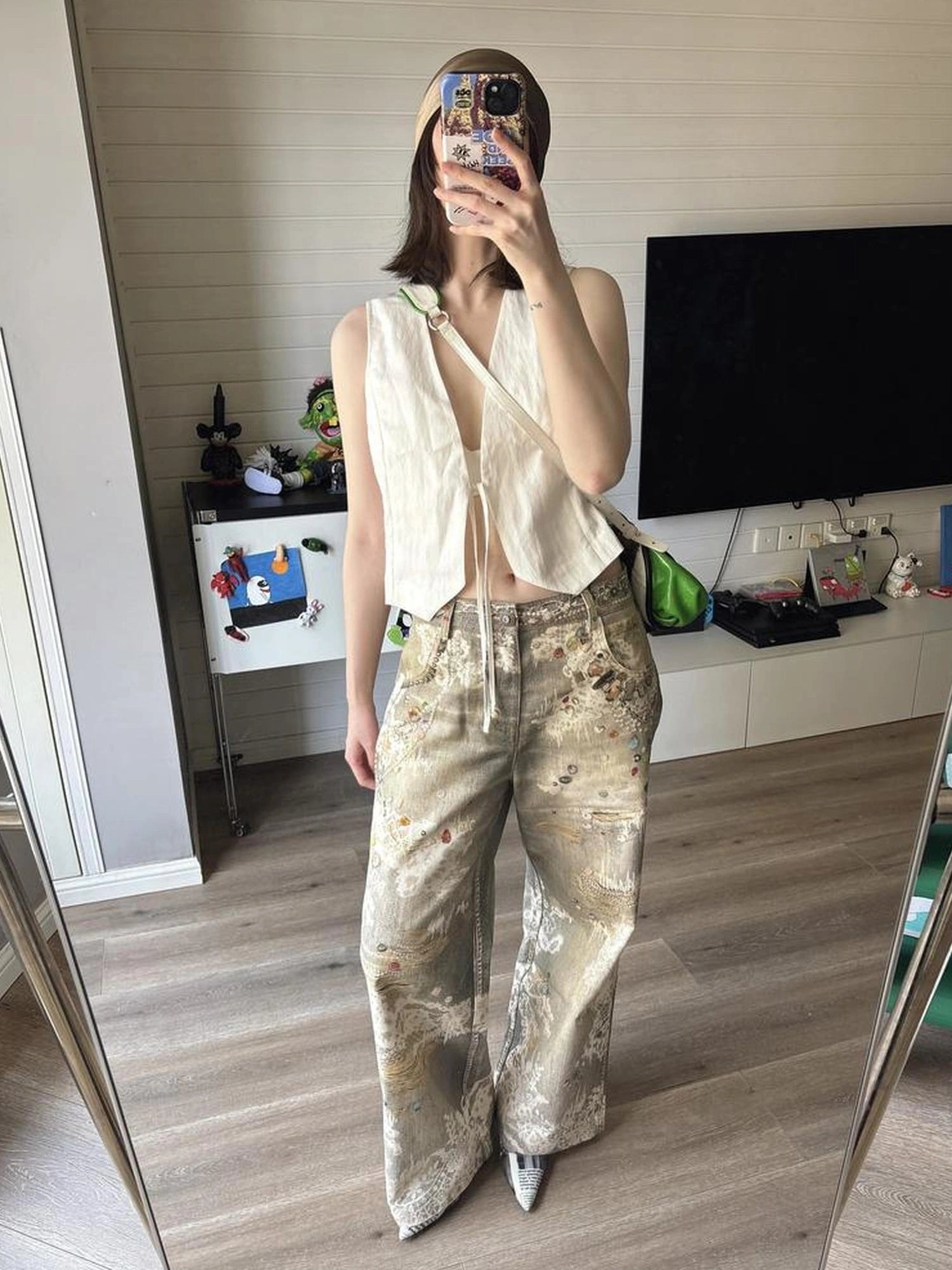 FayChui Vintage Lace Print Denim Trousers