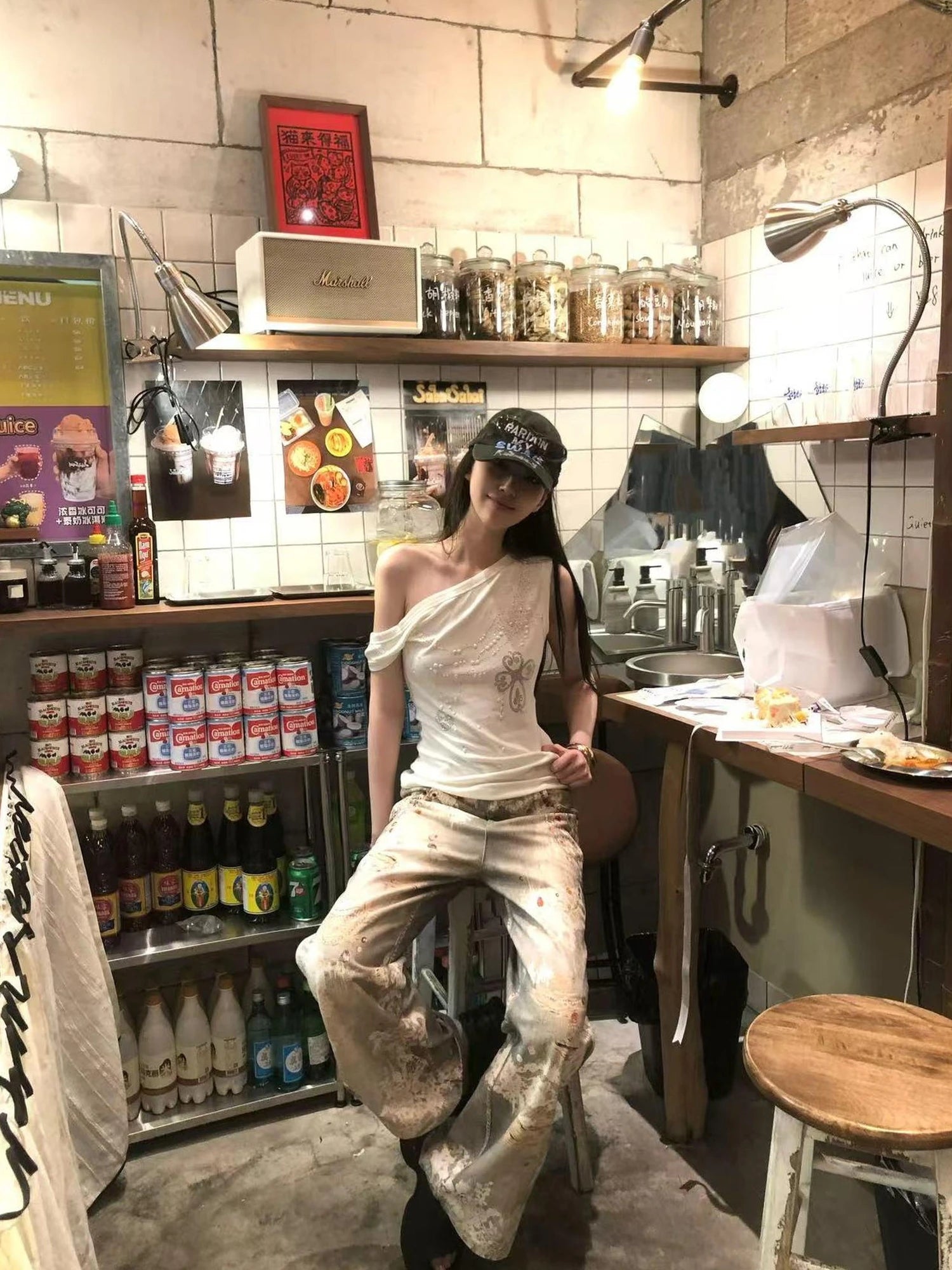 FayChui Vintage Lace Print Denim Trousers