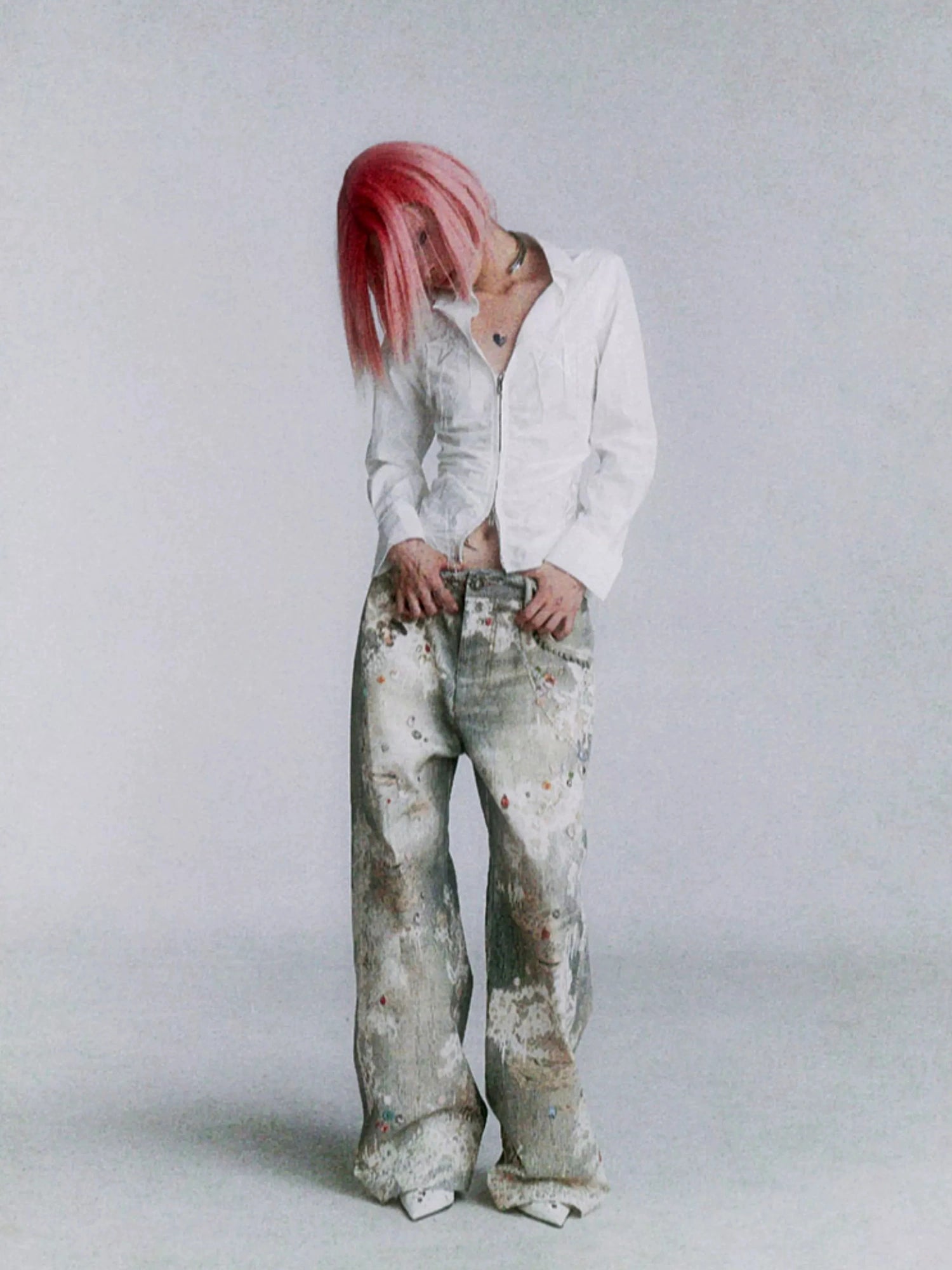 FayChui Vintage Lace Print Denim Trousers