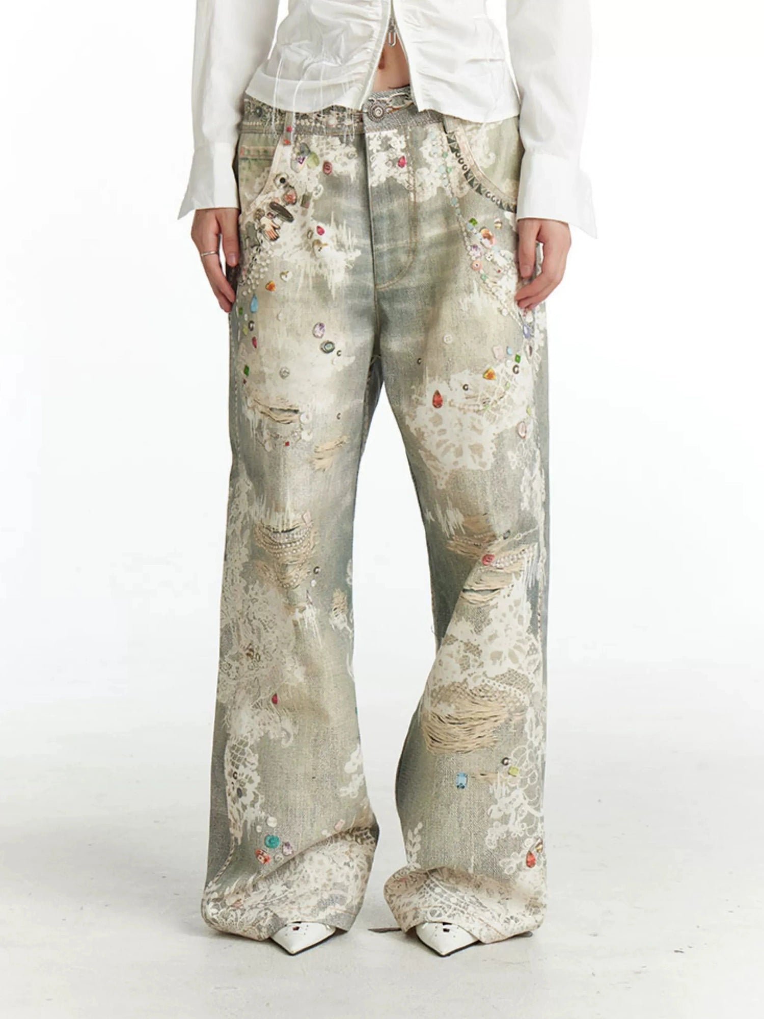 FayChui Vintage Lace Print Denim Trousers