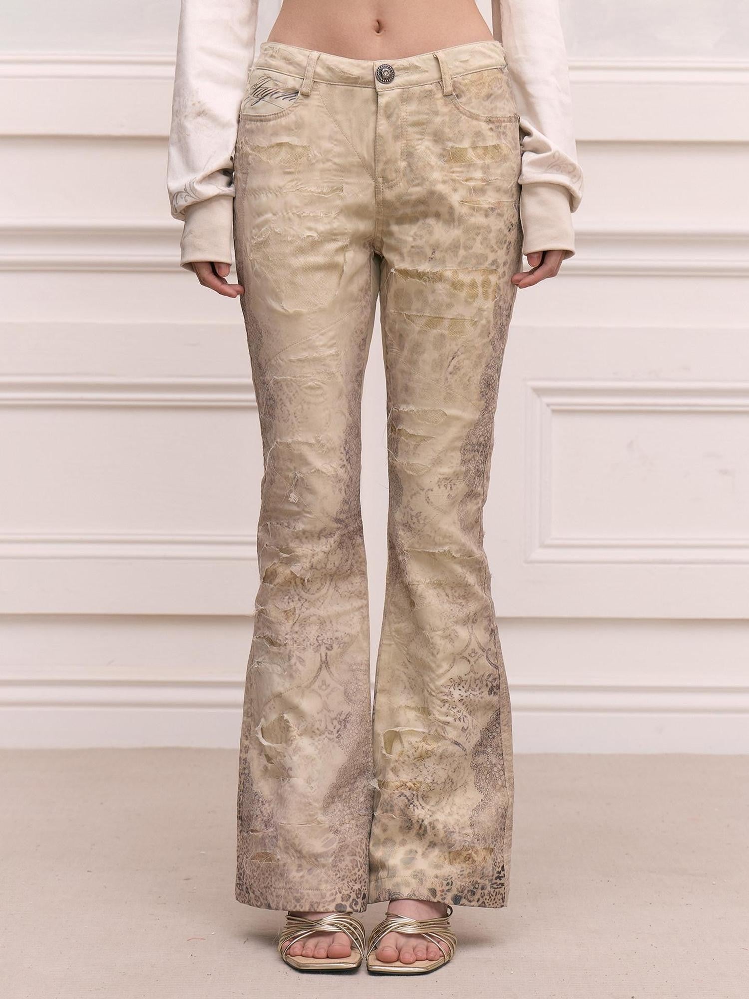 FayChui Vintage Leopard Distressed Mesh Ripped Women&
