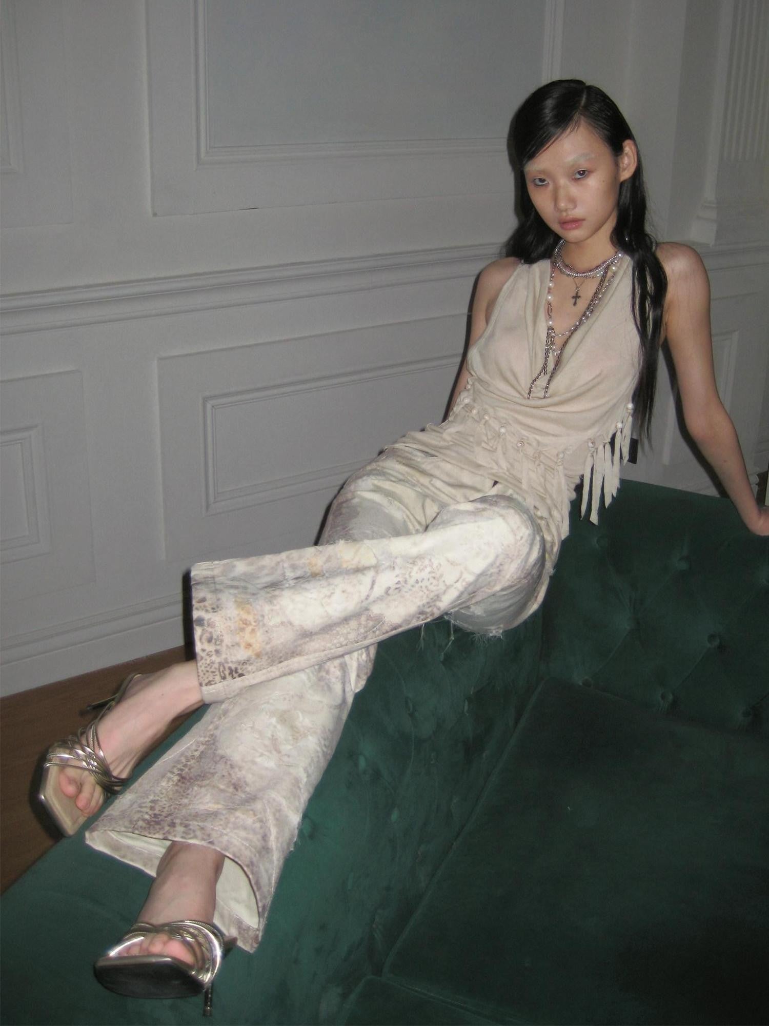 FayChui Vintage Leopard Distressed Mesh Ripped Women&