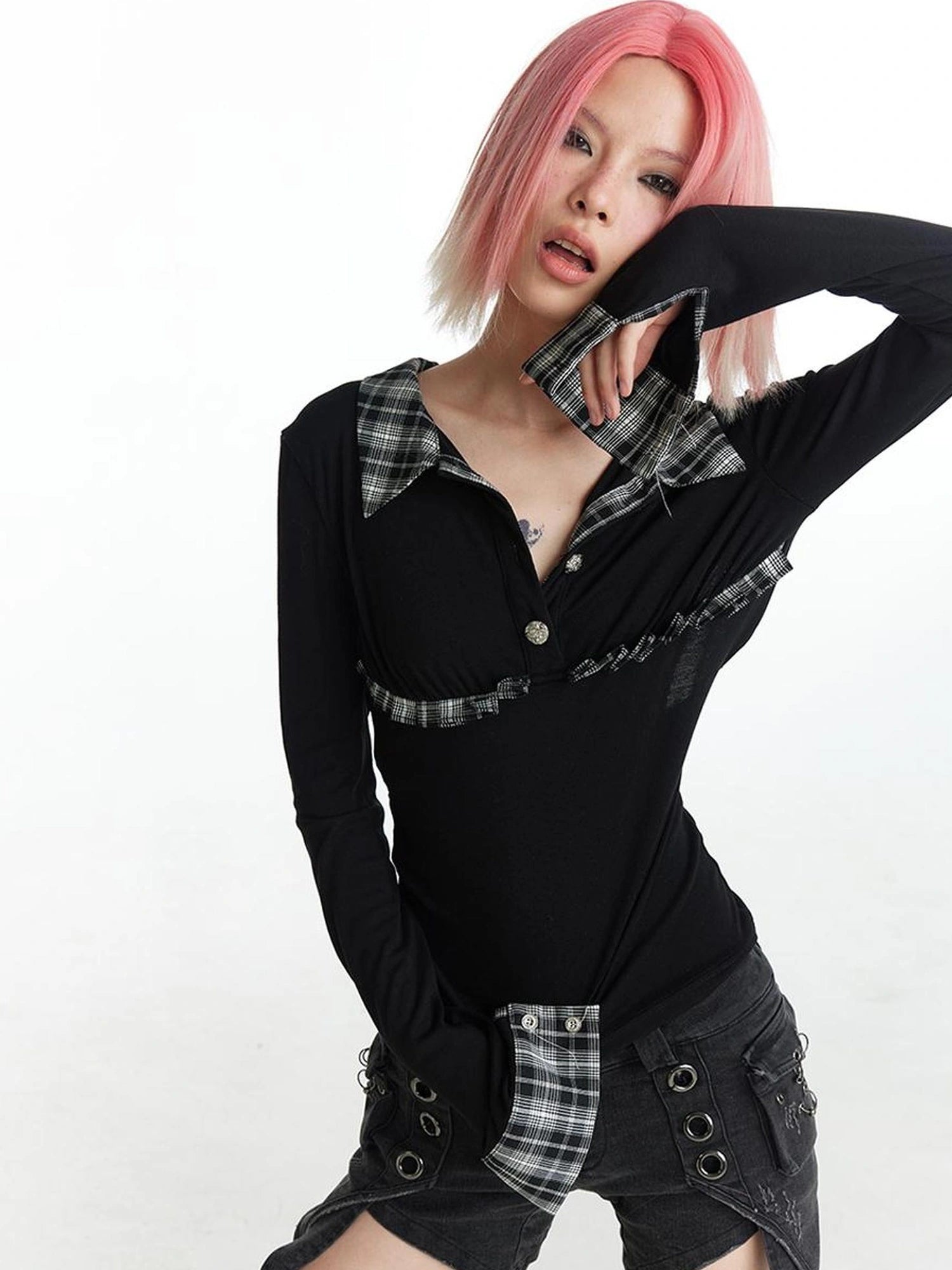 FayChui Vintage Plaid Backless Fitted Shirt