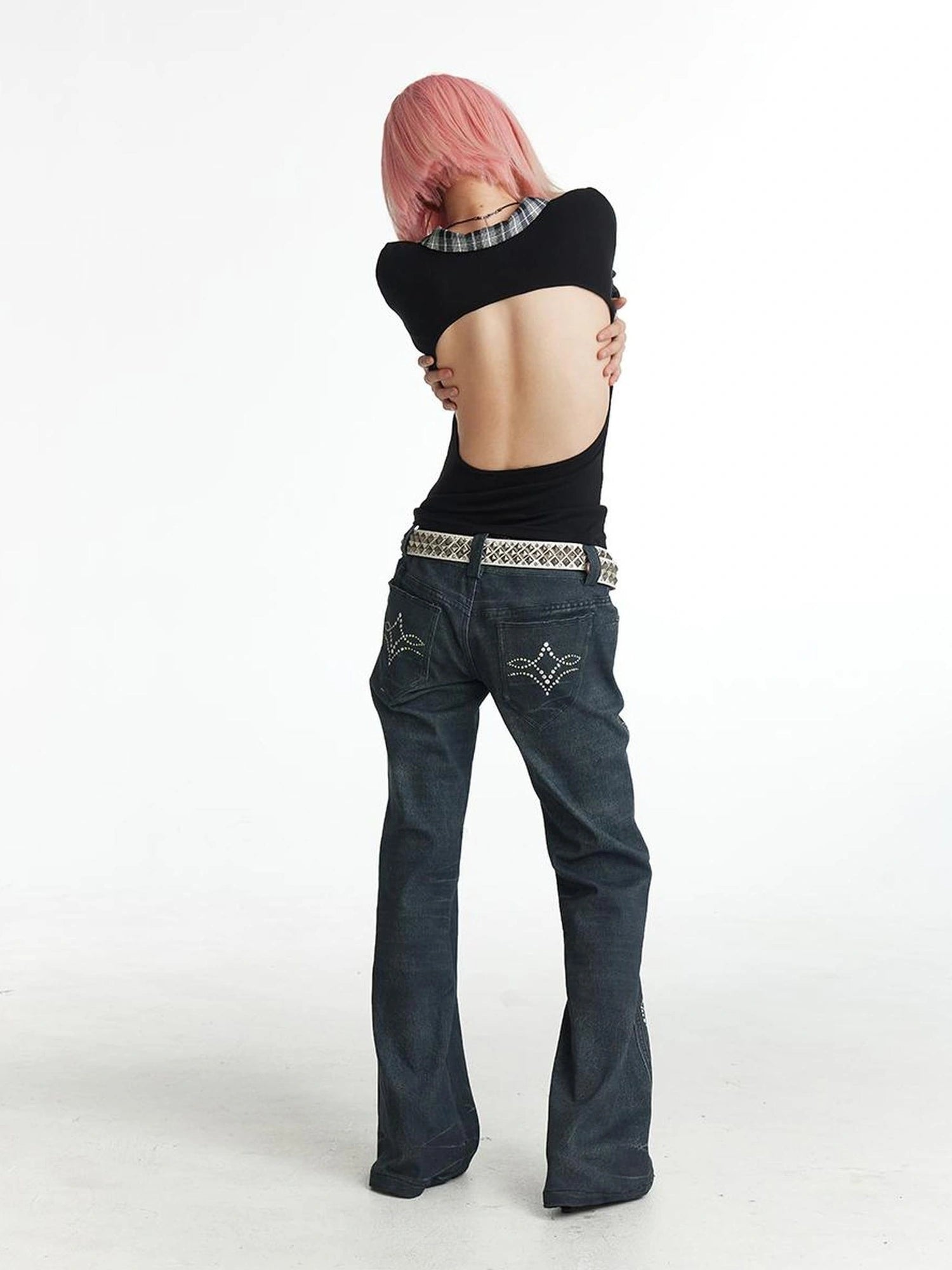 FayChui Vintage Plaid Backless Fitted Shirt