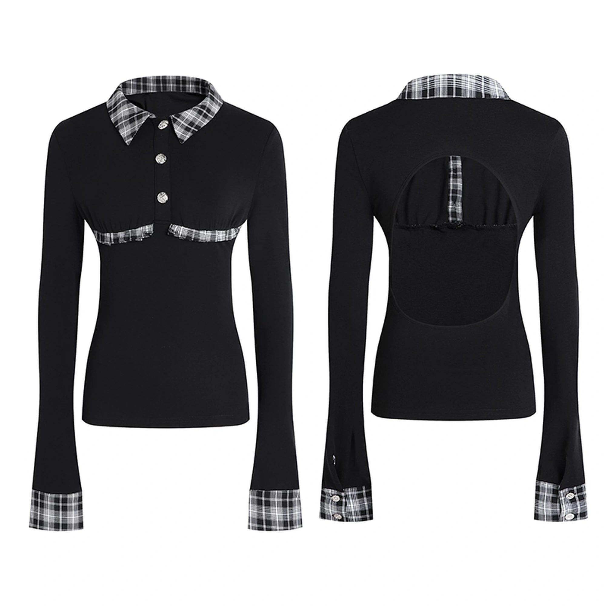 FayChui Vintage Plaid Backless Fitted Shirt