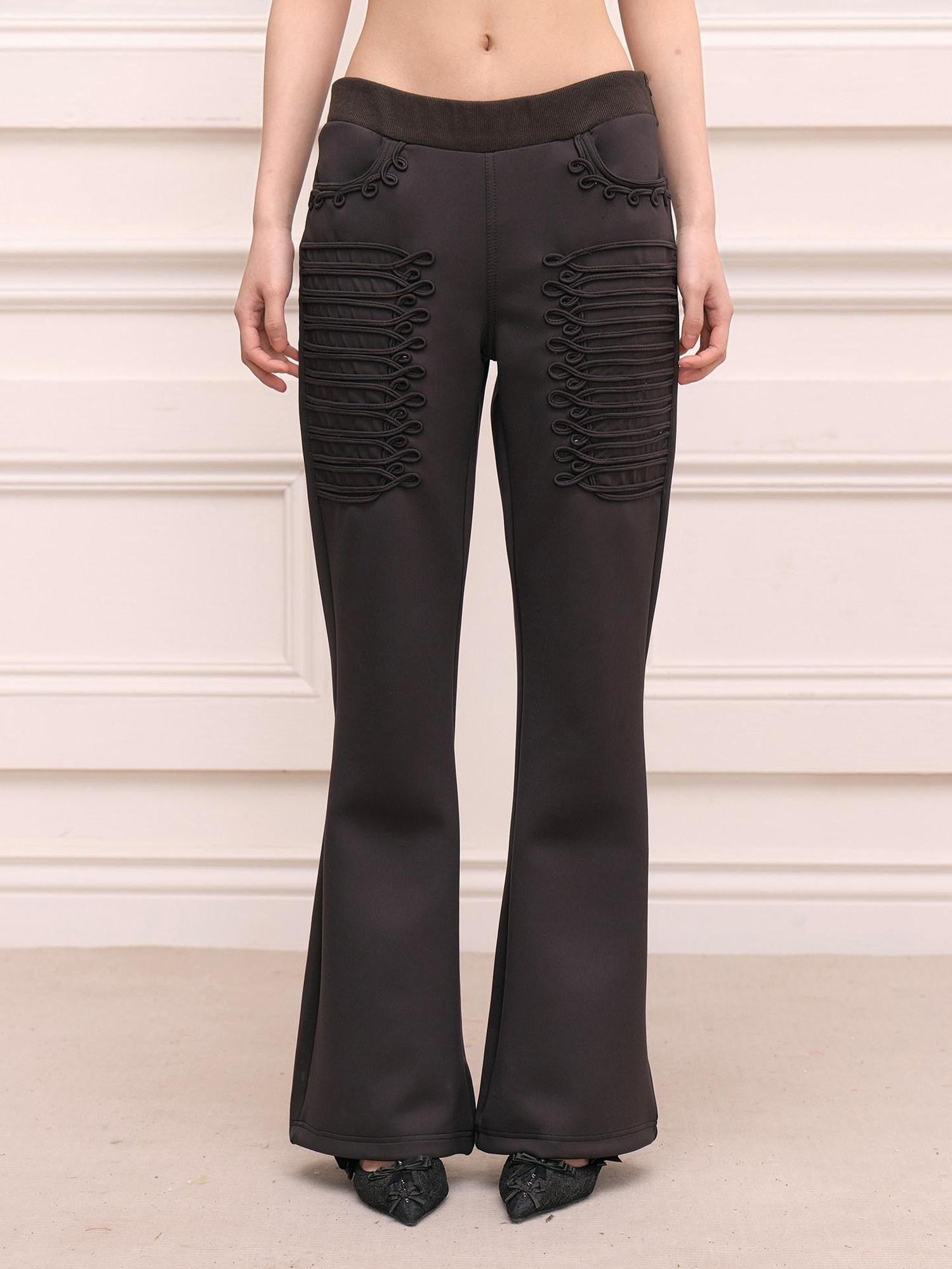 FayChui Vintage Regal Embroidered Tie Waist Micro Flare Women&