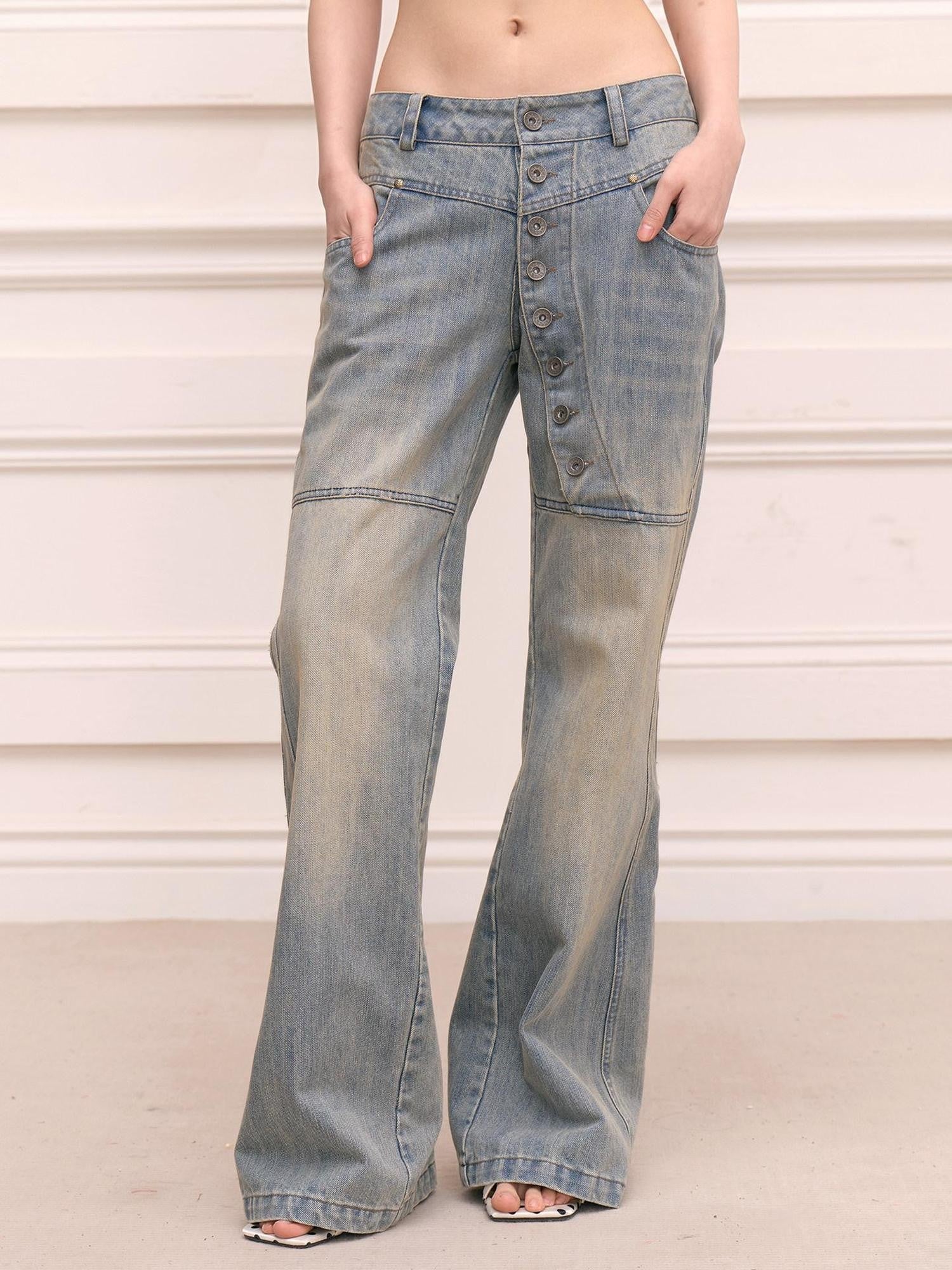 FayChui Vintage Washed Distressed Long Button Fly Women&