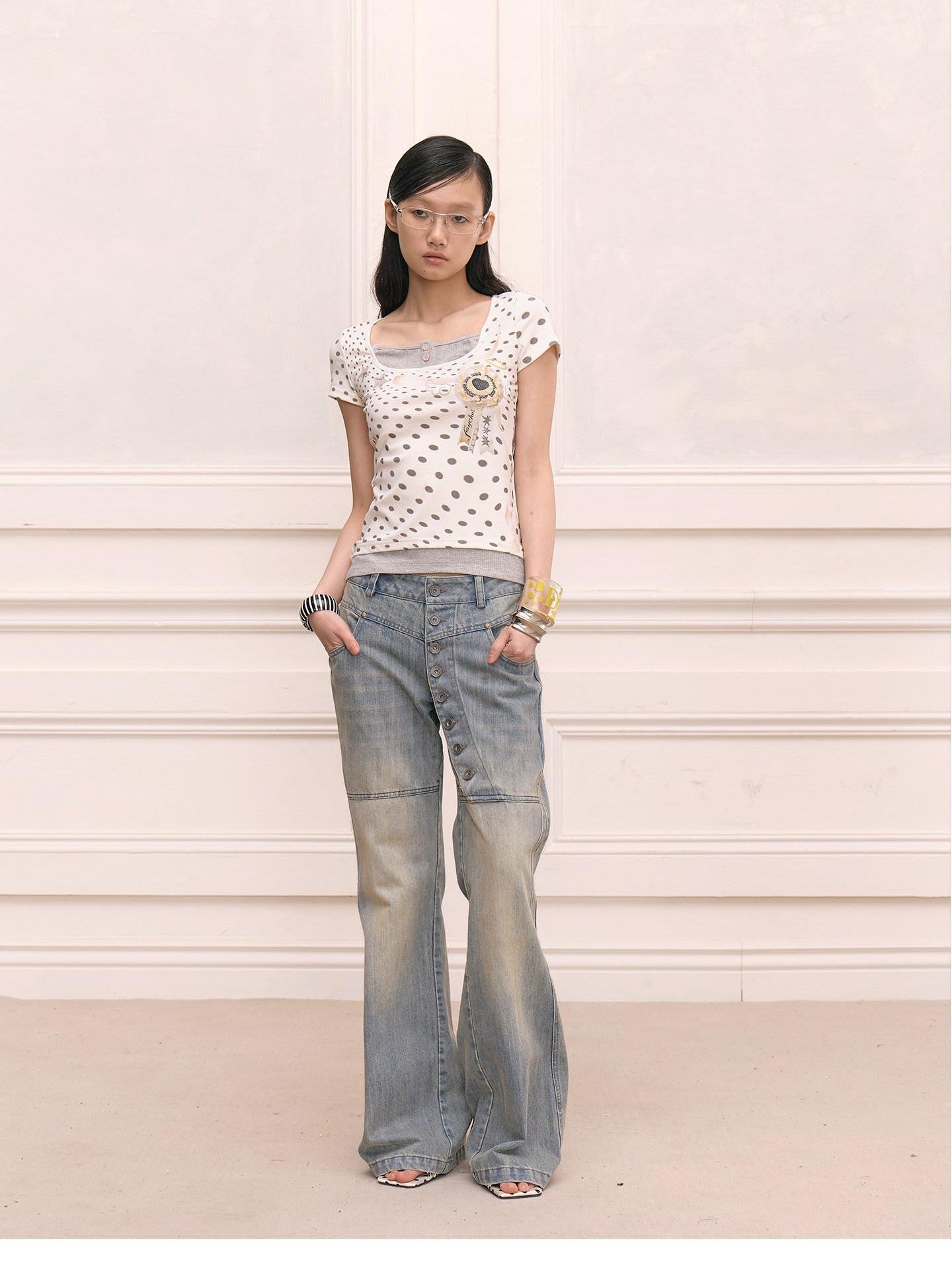 FayChui Vintage Washed Distressed Long Button Fly Women&