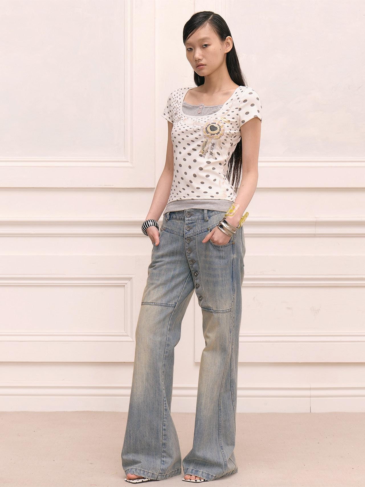 FayChui Vintage Washed Distressed Long Button Fly Women&