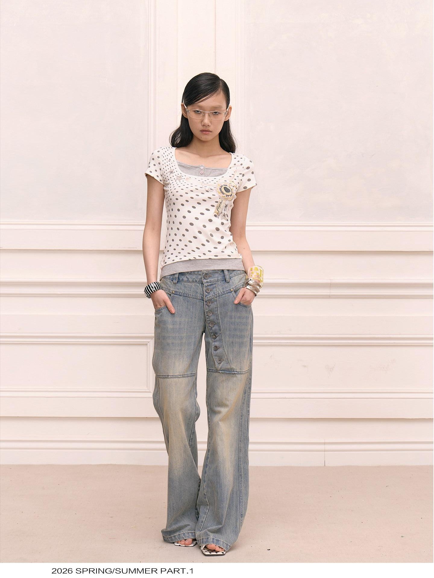 FayChui Vintage Washed Distressed Long Button Fly Women&