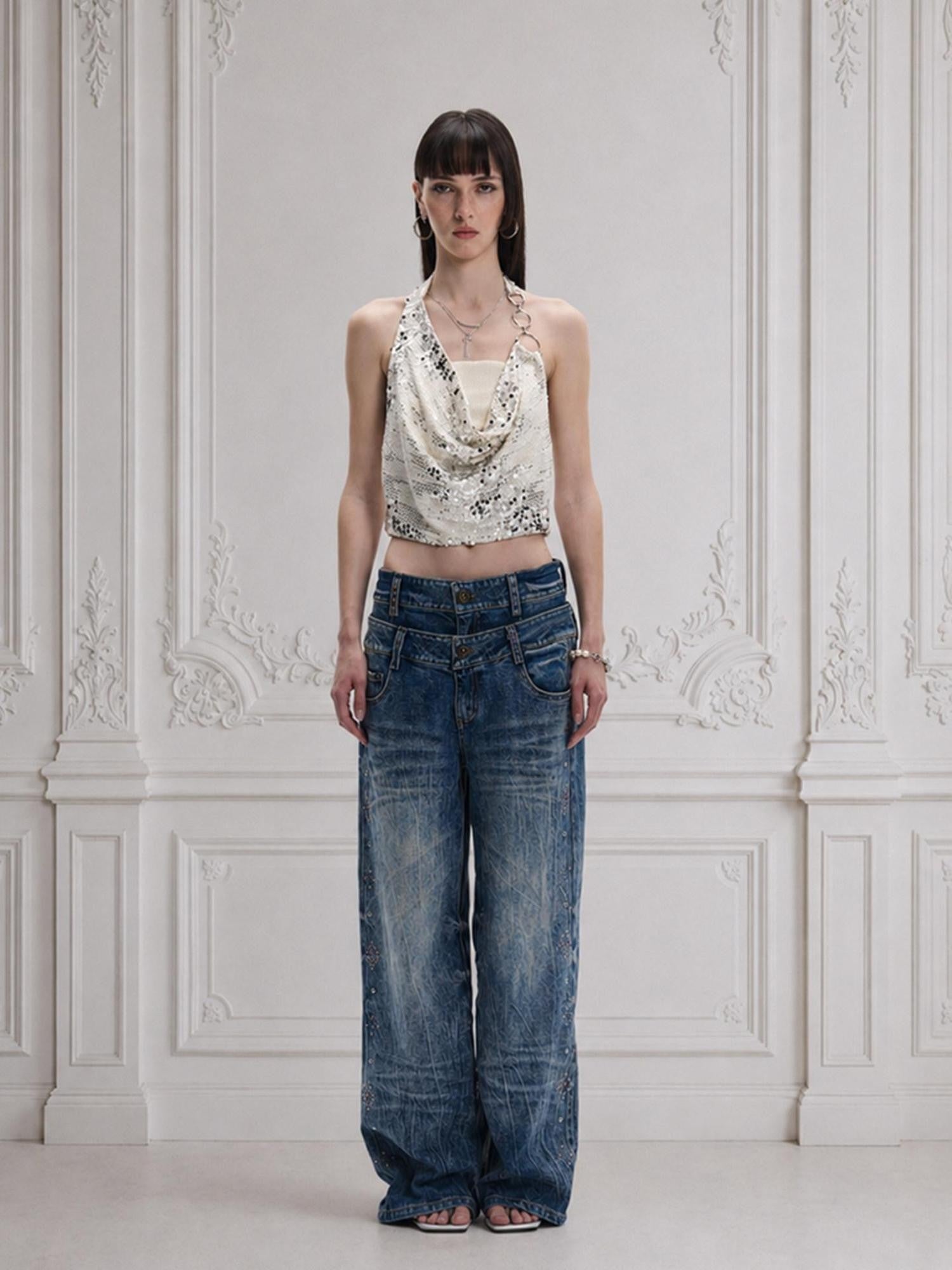 FayChui Washed Diamond Rhinestone Double Waist Women&