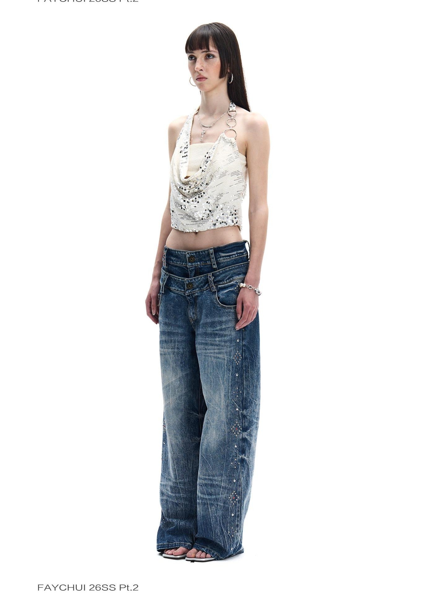 FayChui Washed Diamond Rhinestone Double Waist Women&