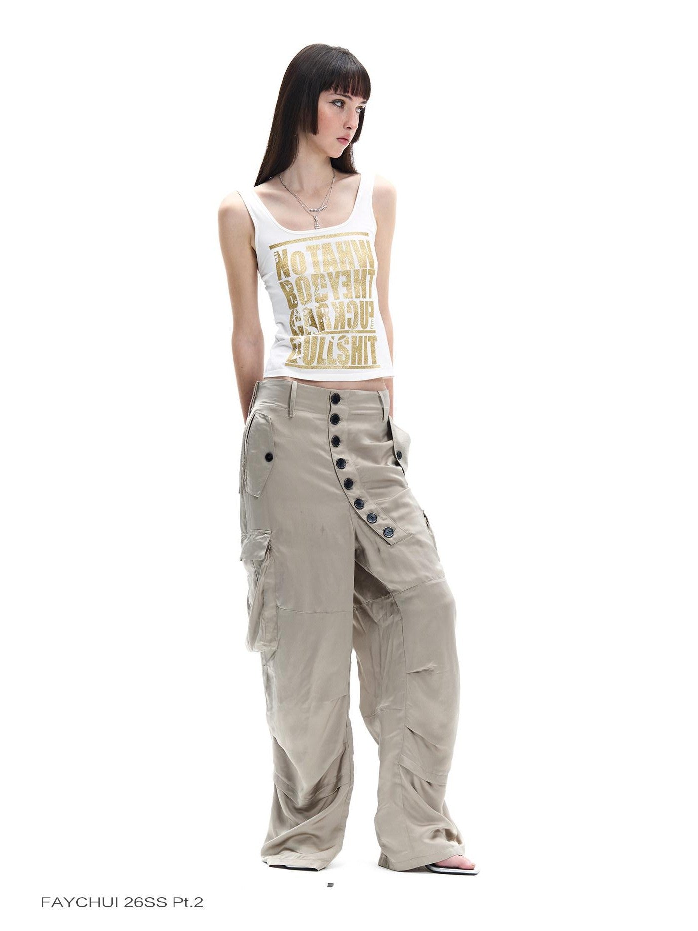 FayChui White Gold Letter Glitter Print Cropped U Neck Women&