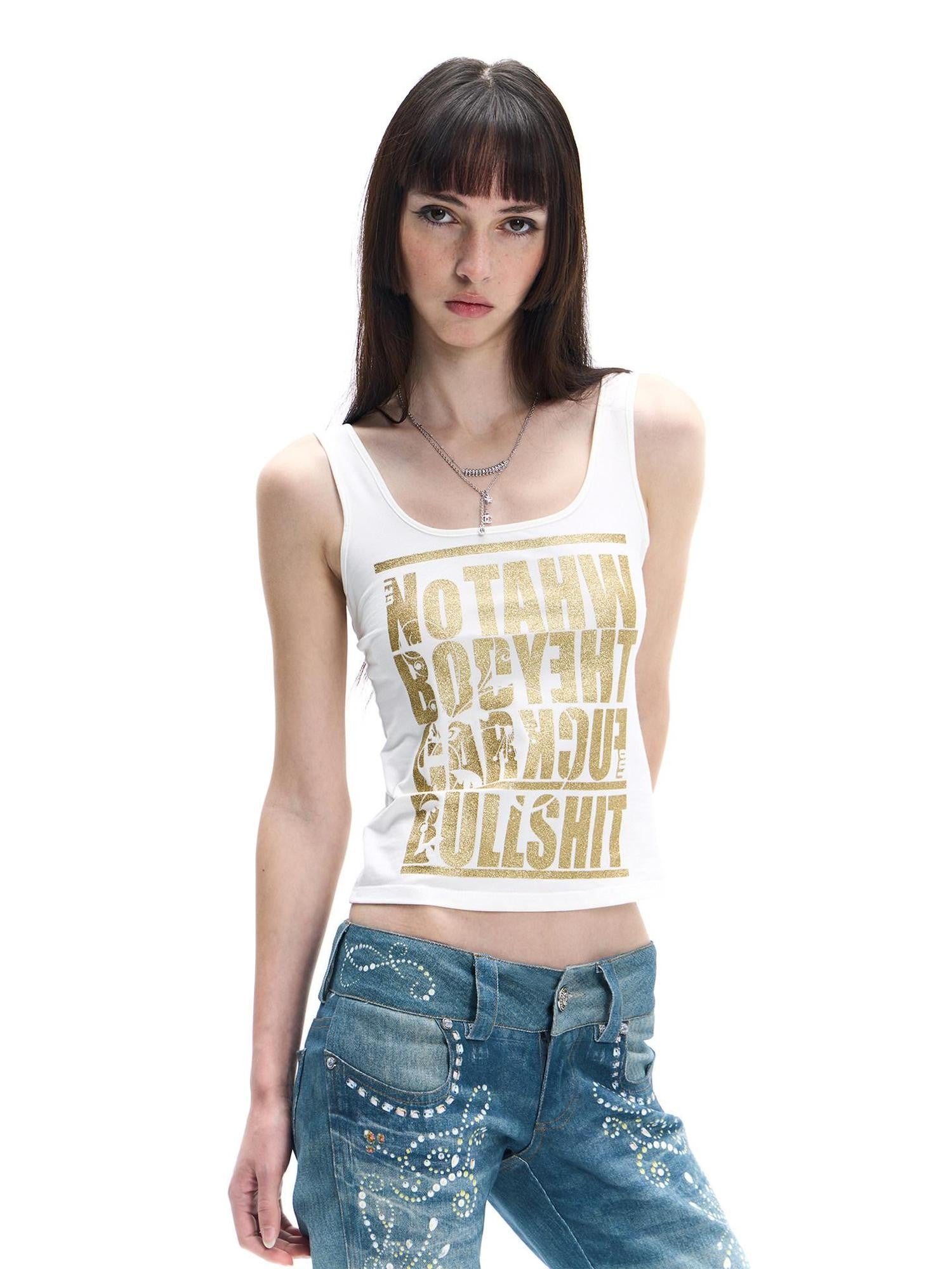 FayChui White Gold Letter Glitter Print Cropped U Neck Women&