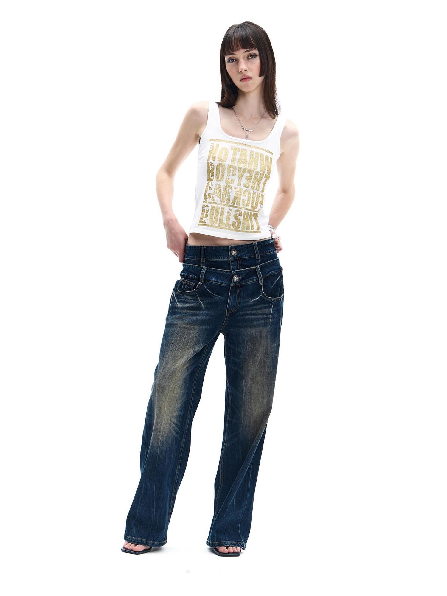 FayChui White Gold Letter Glitter Print Cropped U Neck Women&