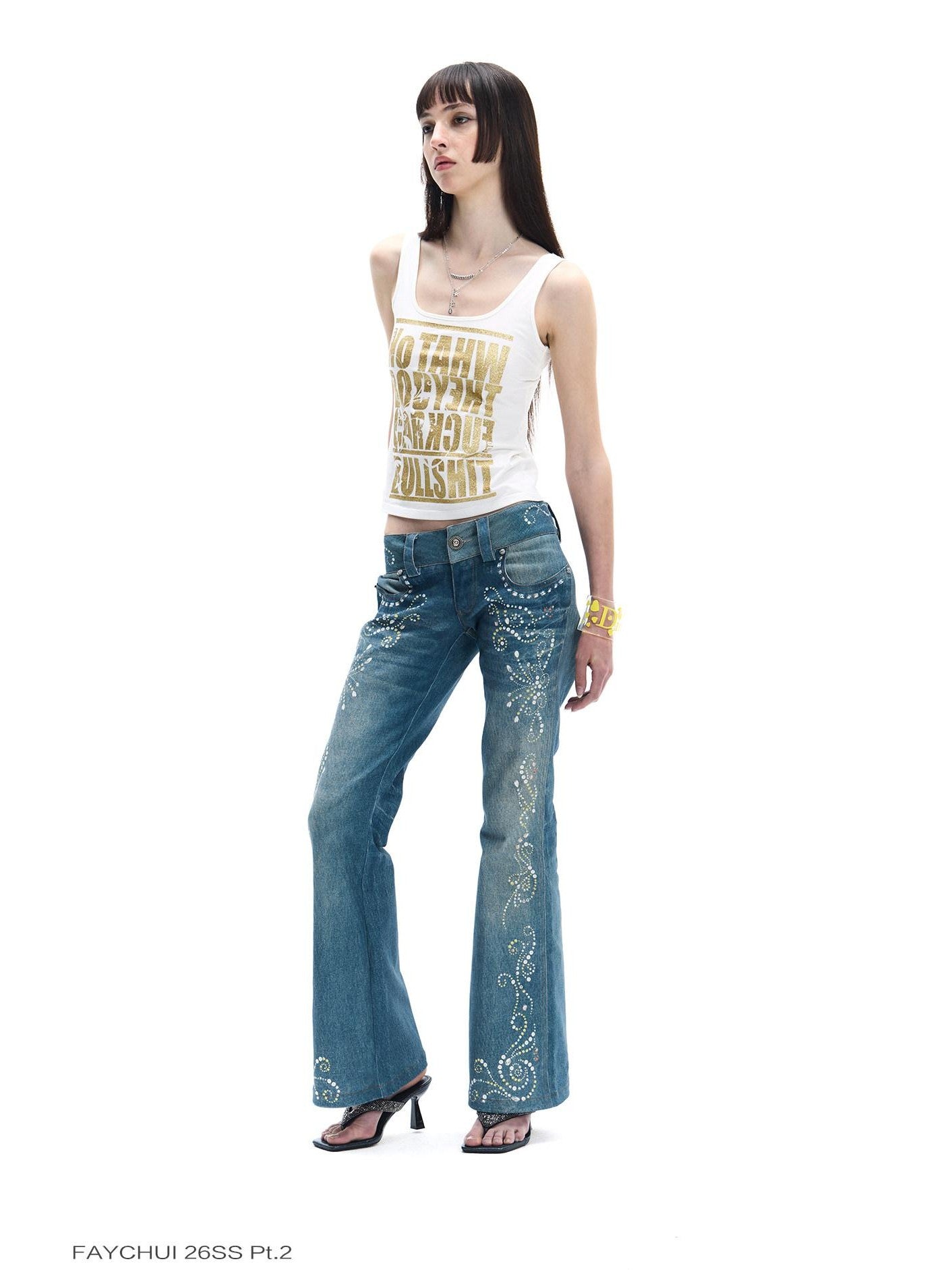 FayChui White Gold Letter Glitter Print Cropped U Neck Women&