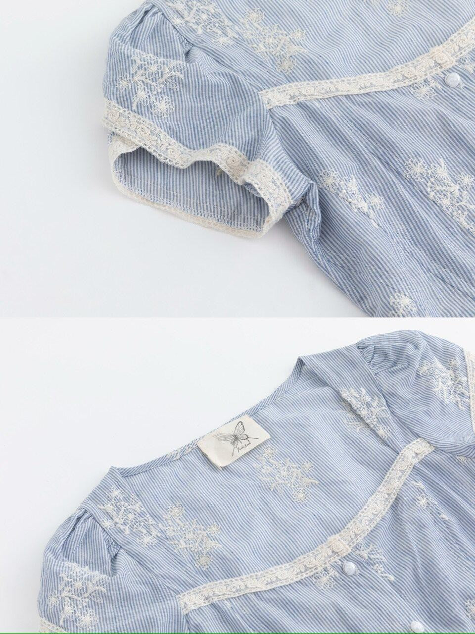 FinderMond FM Blue Embroidered Stripe Petal Sleeve Pin Tuck Waist Women&