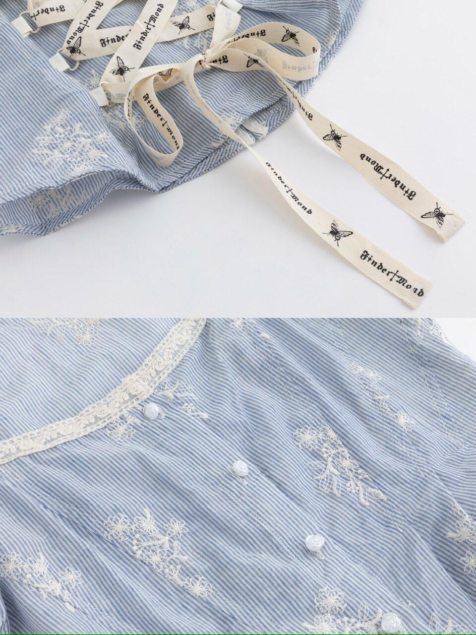 FinderMond FM Blue Embroidered Stripe Petal Sleeve Pin Tuck Waist Women&