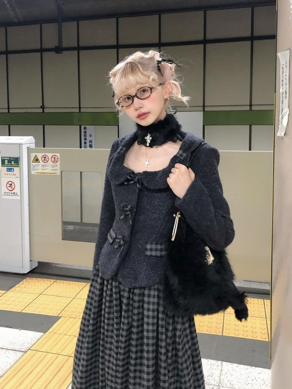FinderMond FM Bow Plaid Doll Collar Wool Blend Women&