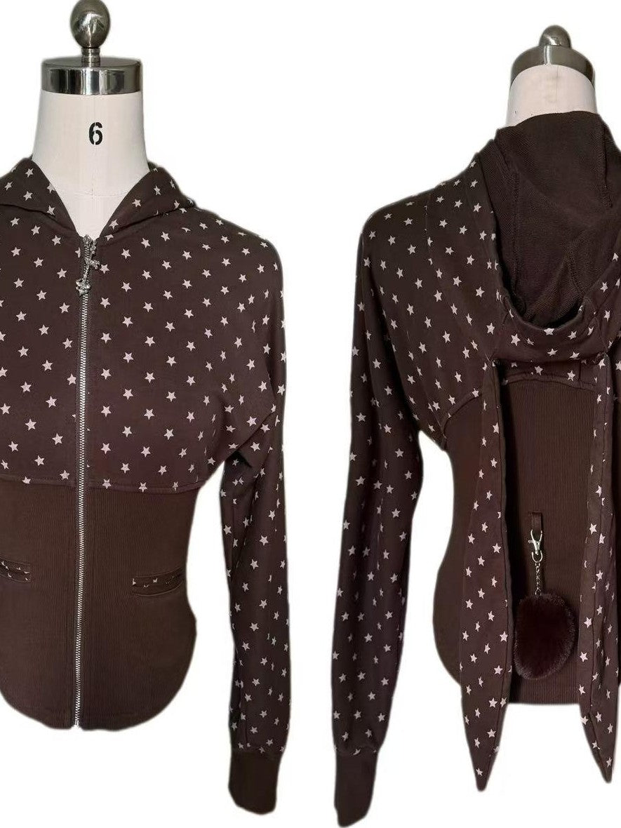 FinderMond FM Brown Star Print Zip Up Waist Cinch Women&