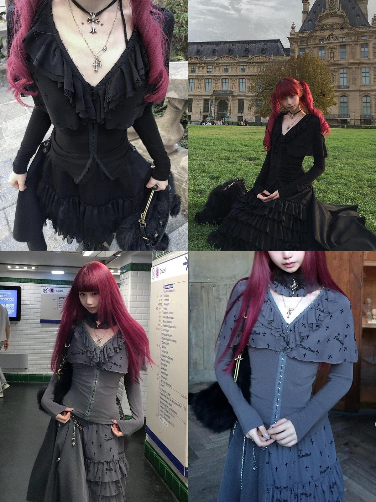 FinderMond FM Dark Gothic Cross Flocked Mesh Layered Cape Women&