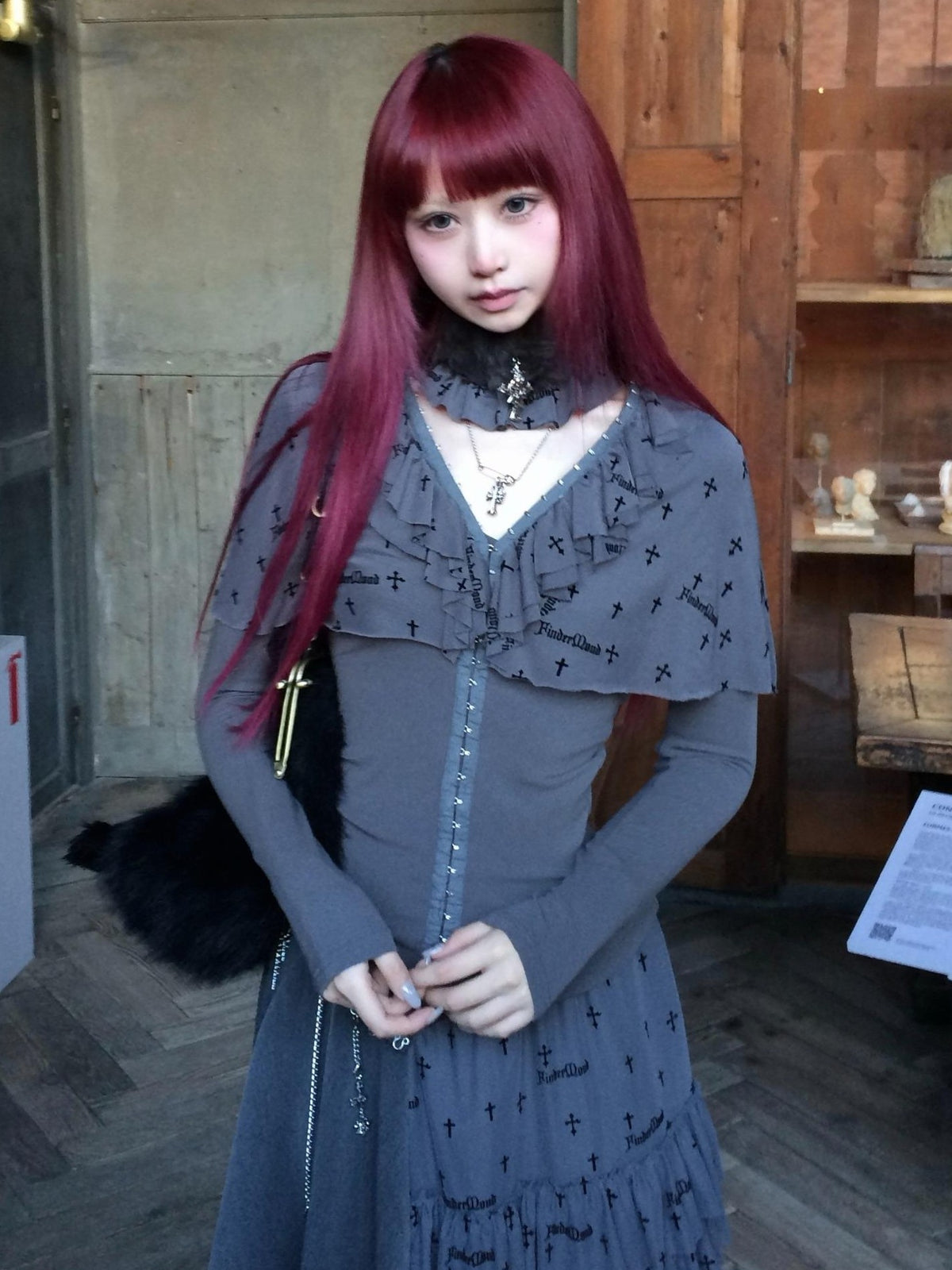 FinderMond FM Dark Gothic Cross Flocked Mesh Layered Cape Women&