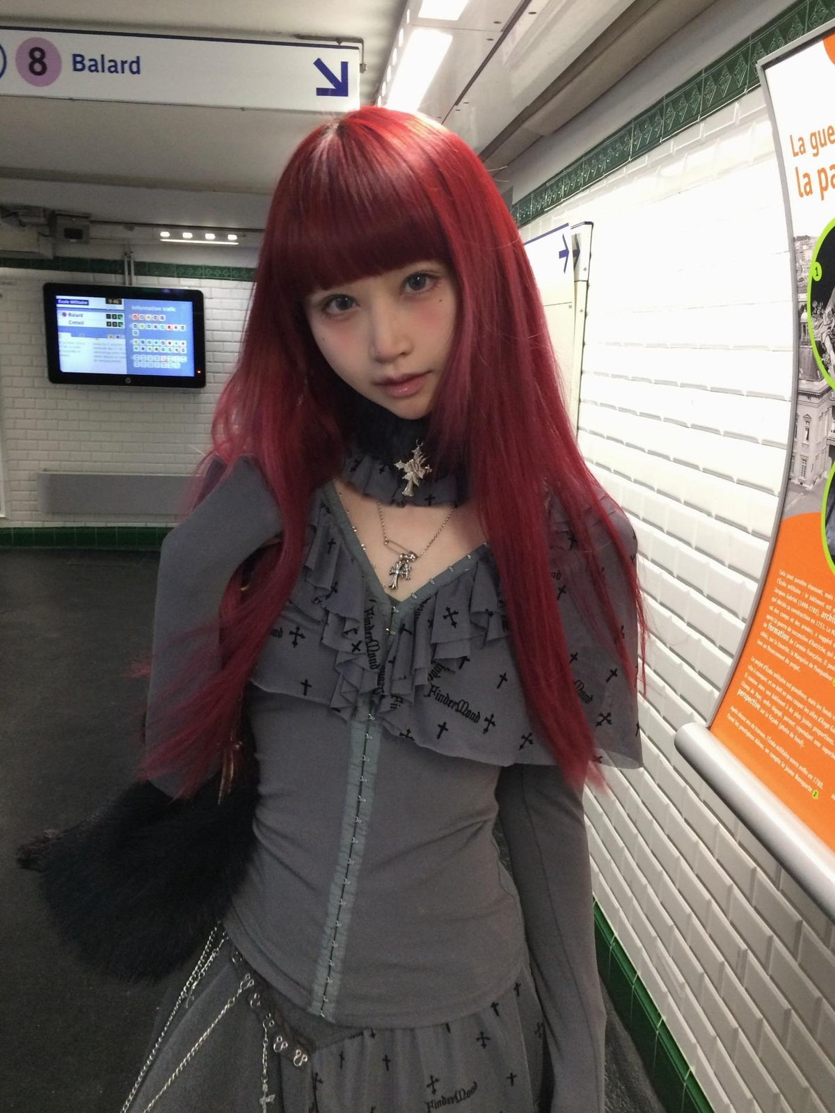 FinderMond FM Dark Gothic Cross Flocked Mesh Layered Cape Women&