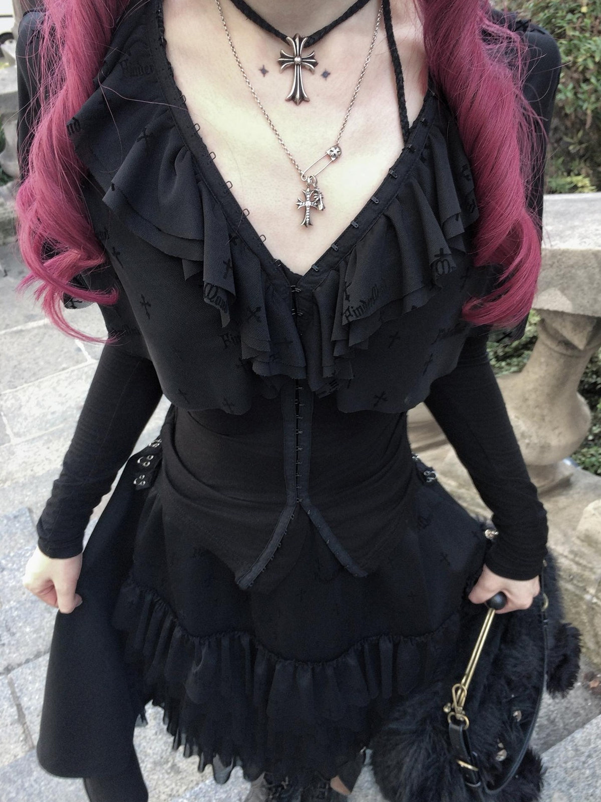 FinderMond FM Dark Gothic Cross Flocked Mesh Layered Cape Women&