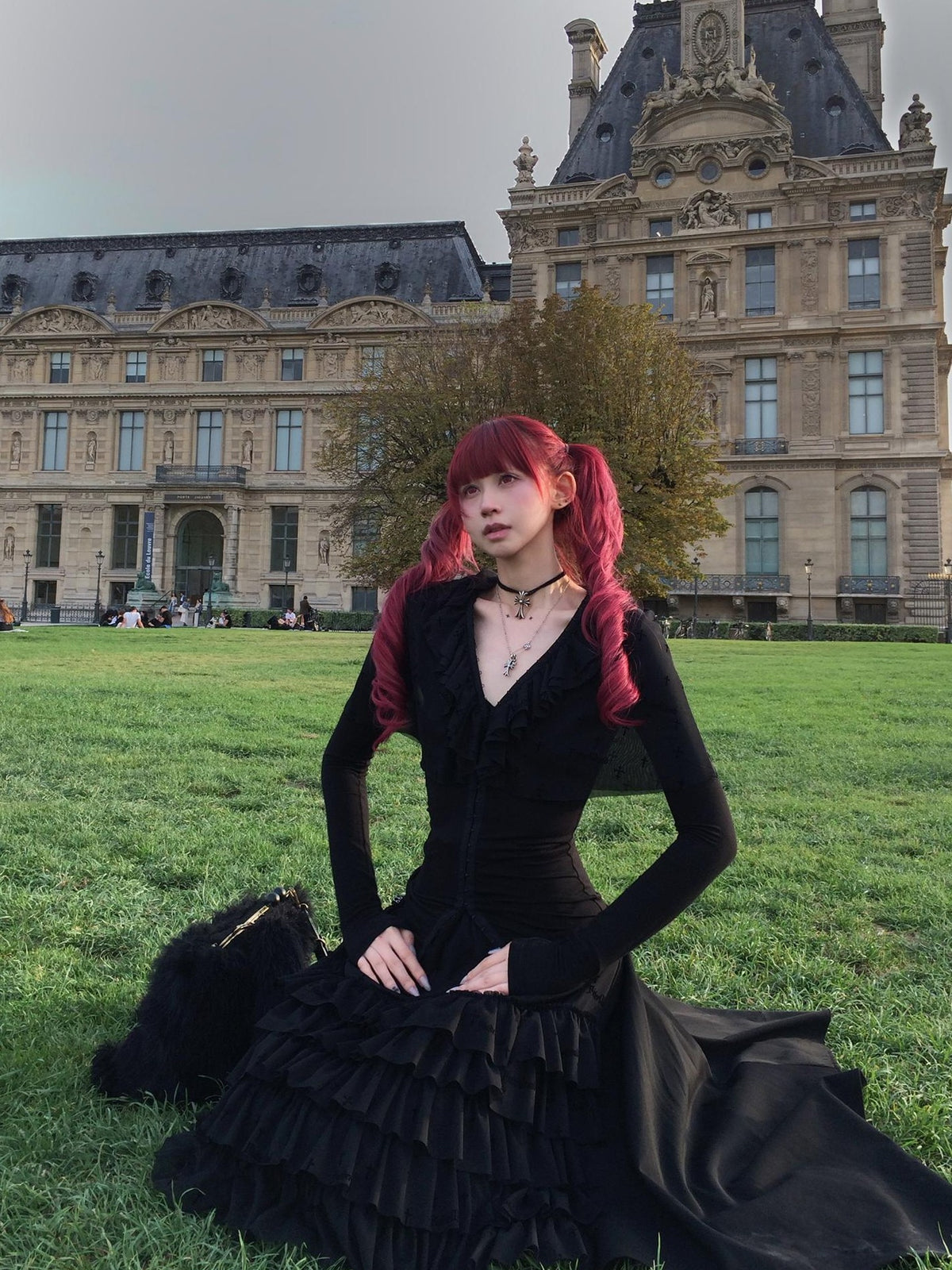 FinderMond FM Dark Gothic Cross Flocked Mesh Layered Cape Women&