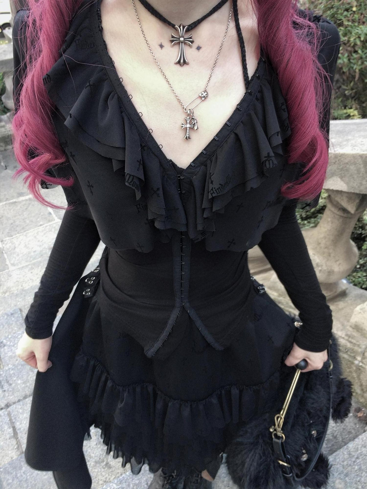 FinderMond FM Dark Gothic Cross Flocked Mesh Layered Cape Women&