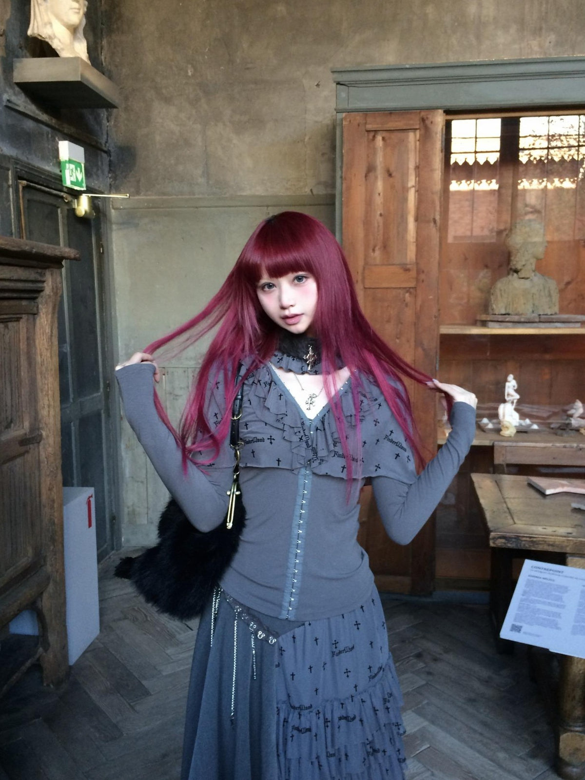 FinderMond FM Dark Gothic Cross Flocked Mesh Layered Cape Women&