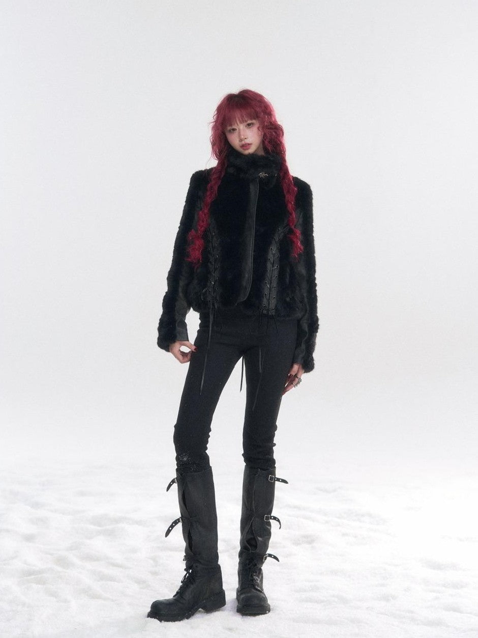 FinderMond FM Dark Panelled Lace Up Faux Fur Women&