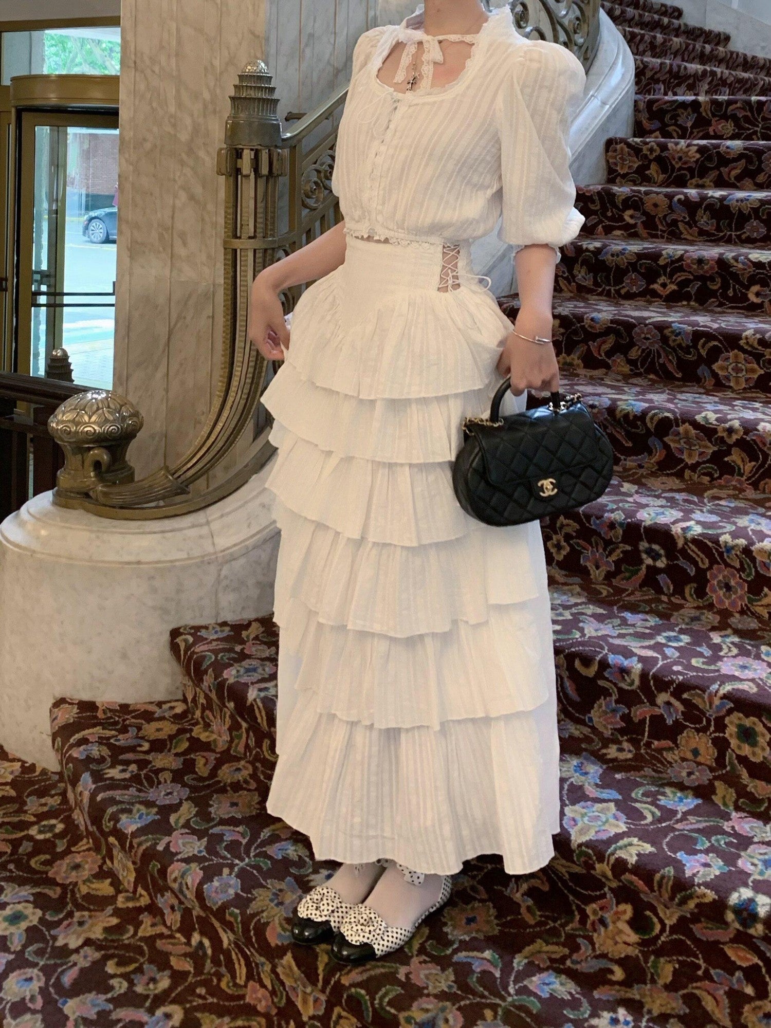 FinderMond FM Elegant Tiered Cake Skirt Mid Sleeve Niche Design Women&