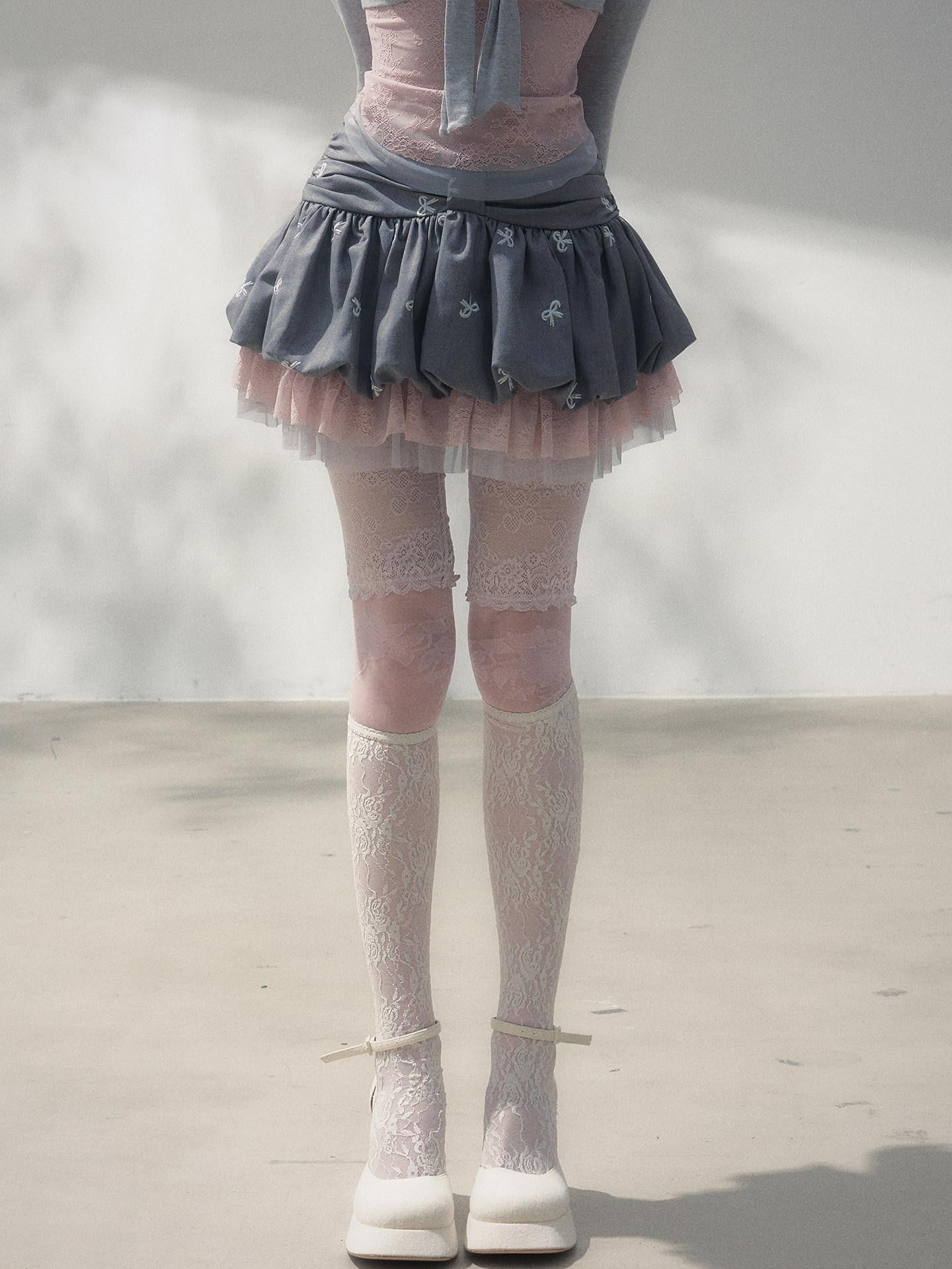 FinderMond FM Gray Pink Bow Embroidered Pleated Spliced Multilayer Women&