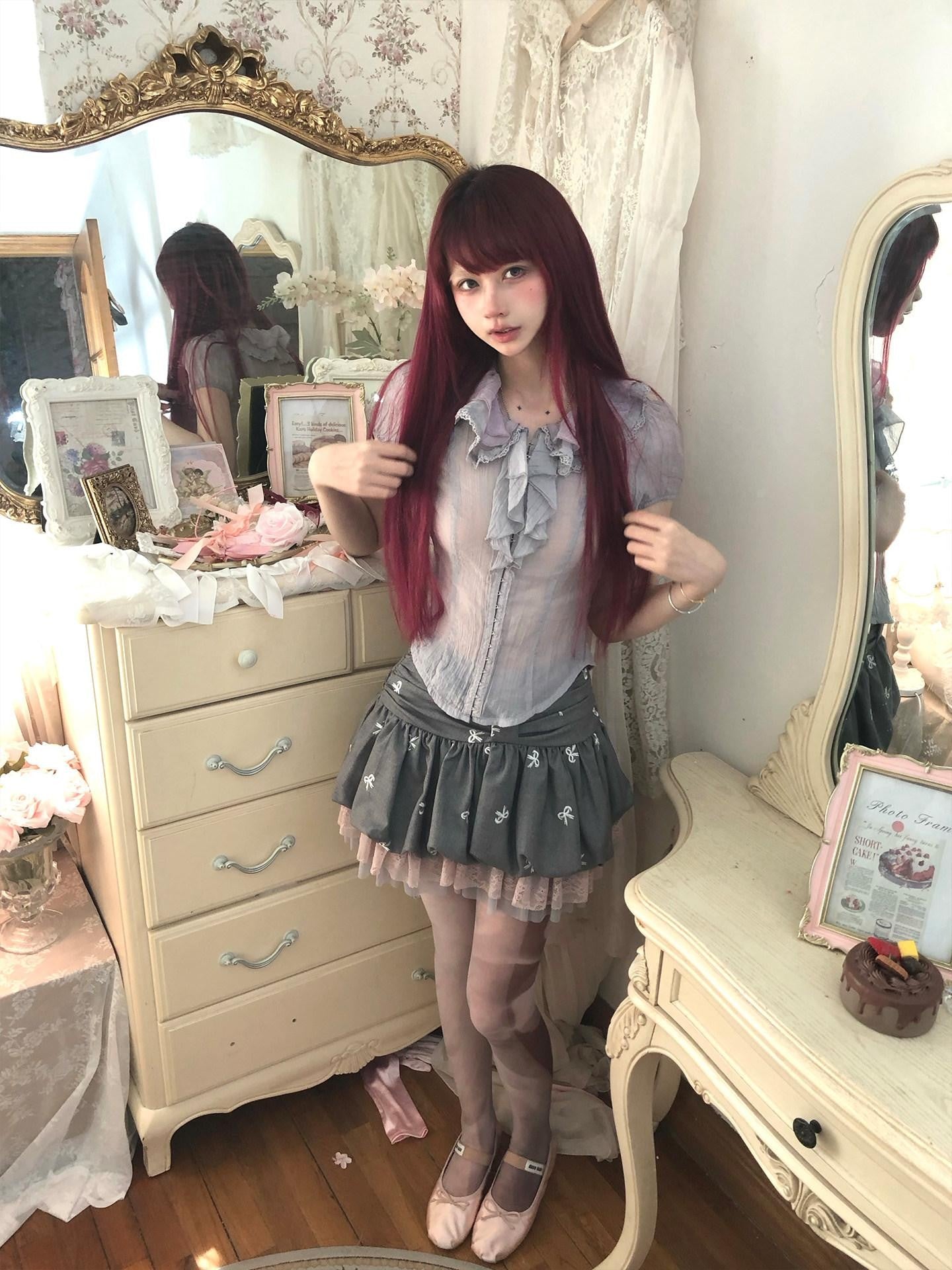 FinderMond FM Gray Purple Ruffle Lace Trim Women&