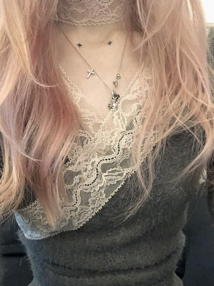 FinderMond FM Misty Gray Pink Lace Slim Fit Neck Strap Women&