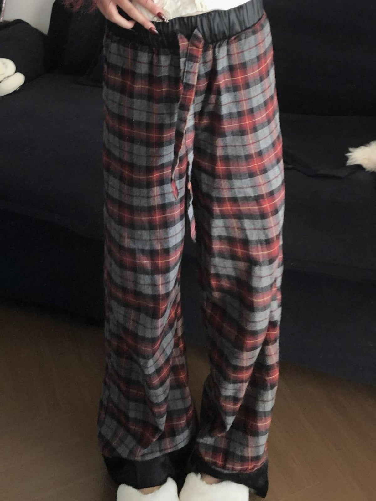 FinderMond FM Plaid Spliced Washed Straight Leg Casual Cotton Women&