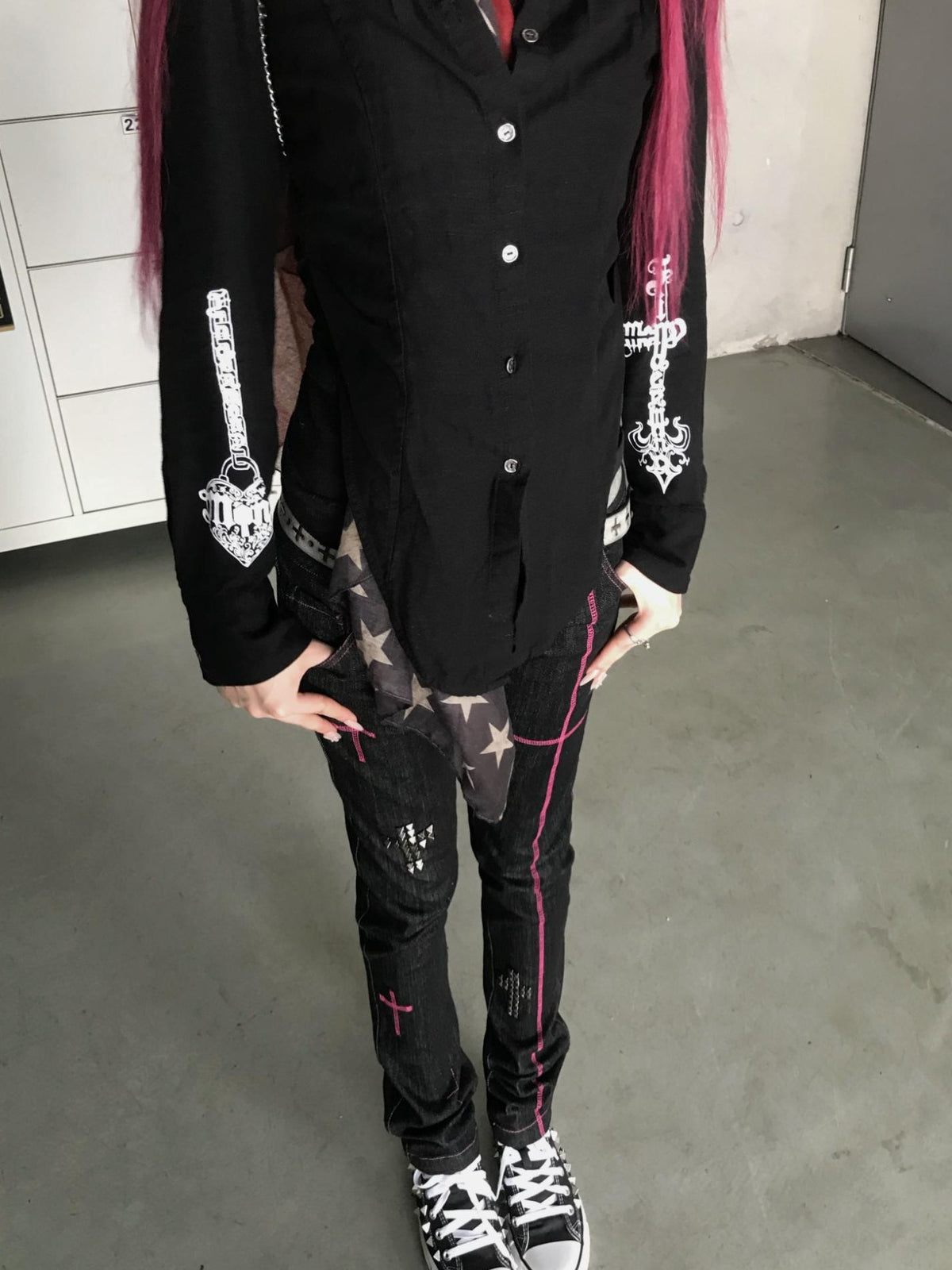 FinderMond FM Printed Curved Hem Slim Fit Stand Collar Long Sleeve Women&