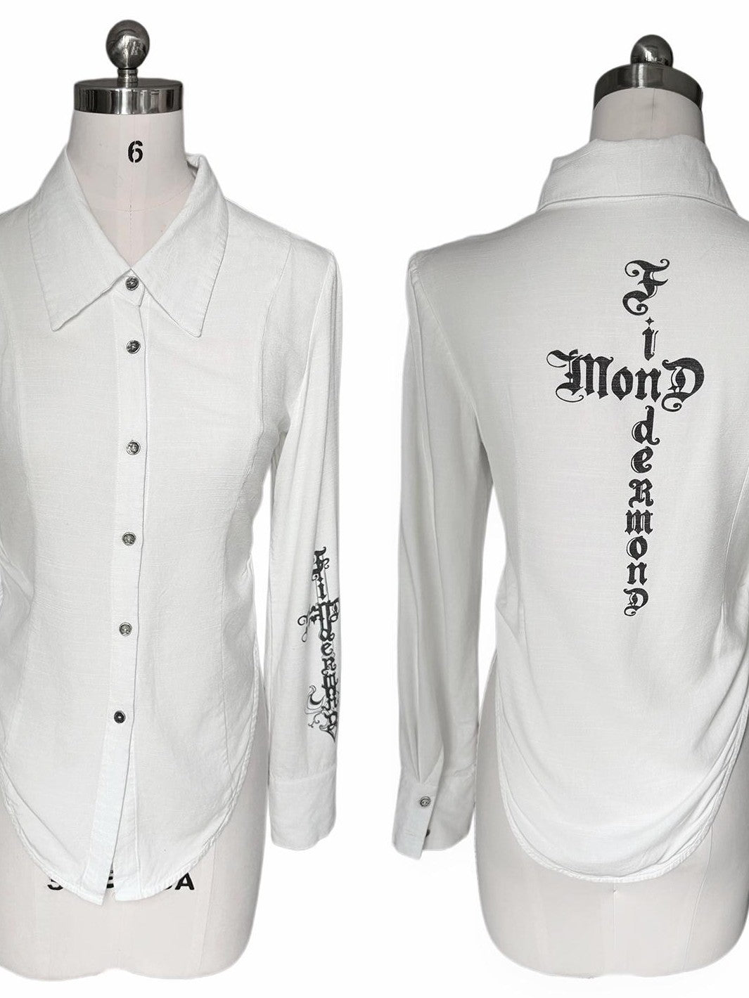 FinderMond FM Printed Curved Hem Slim Fit Stand Collar Long Sleeve Women&