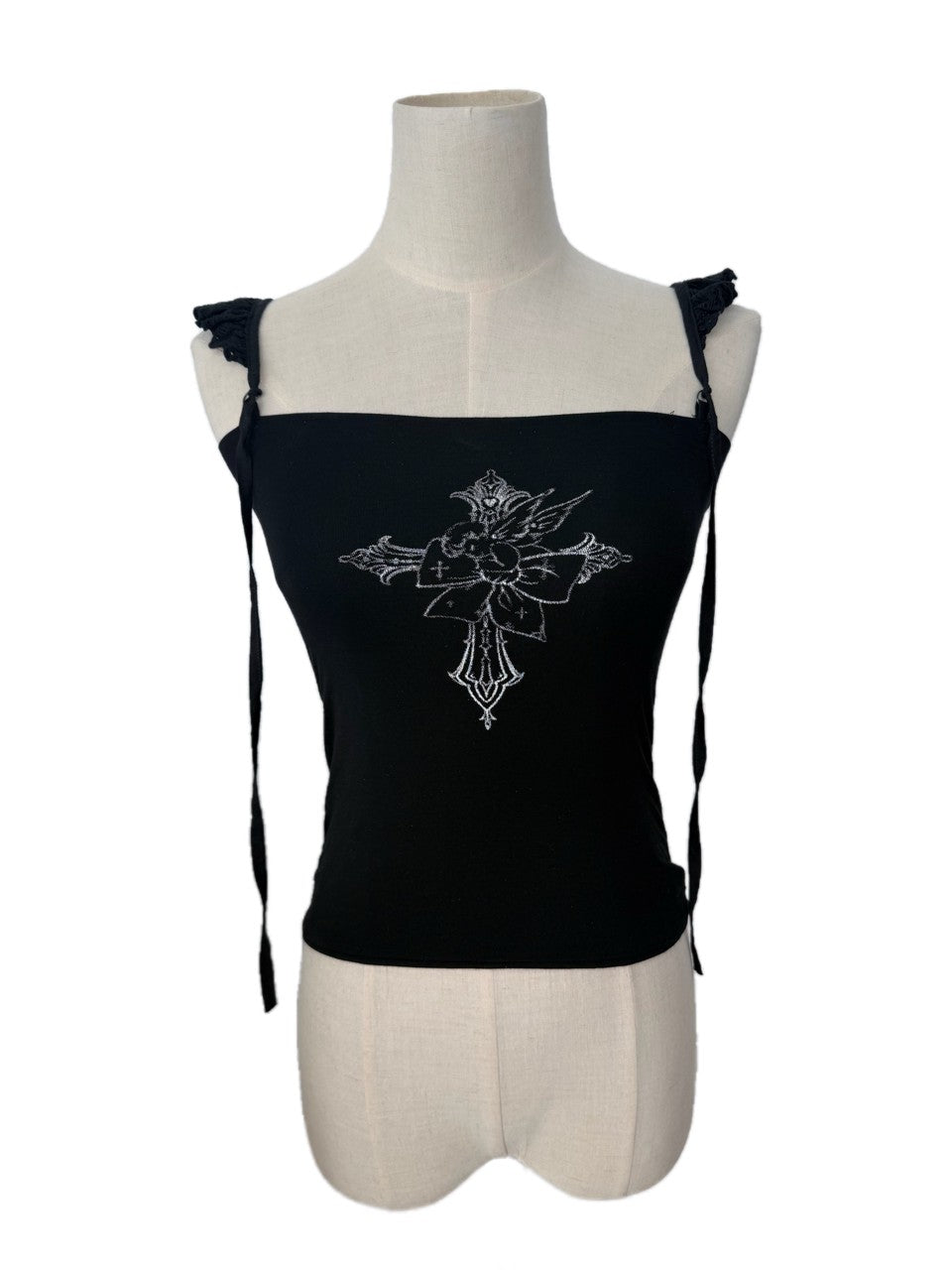FinderMond FM Winged Cross Angel Print Cap Flutter Sleeve Strap Women&