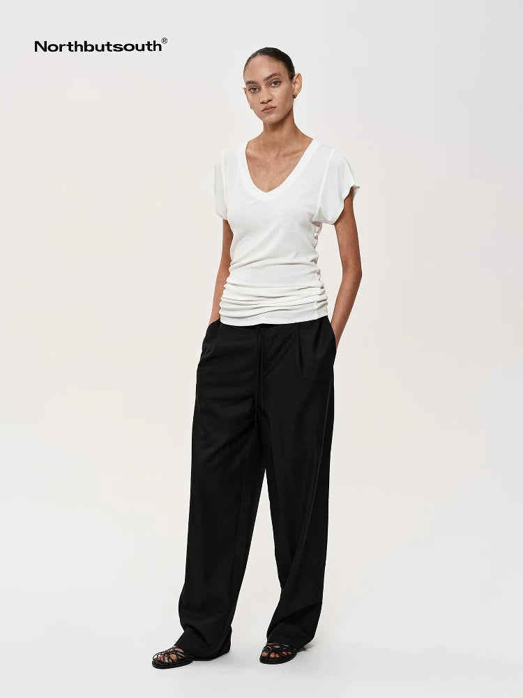 Fine Wool Drawstring Trousers with Relaxed Fit