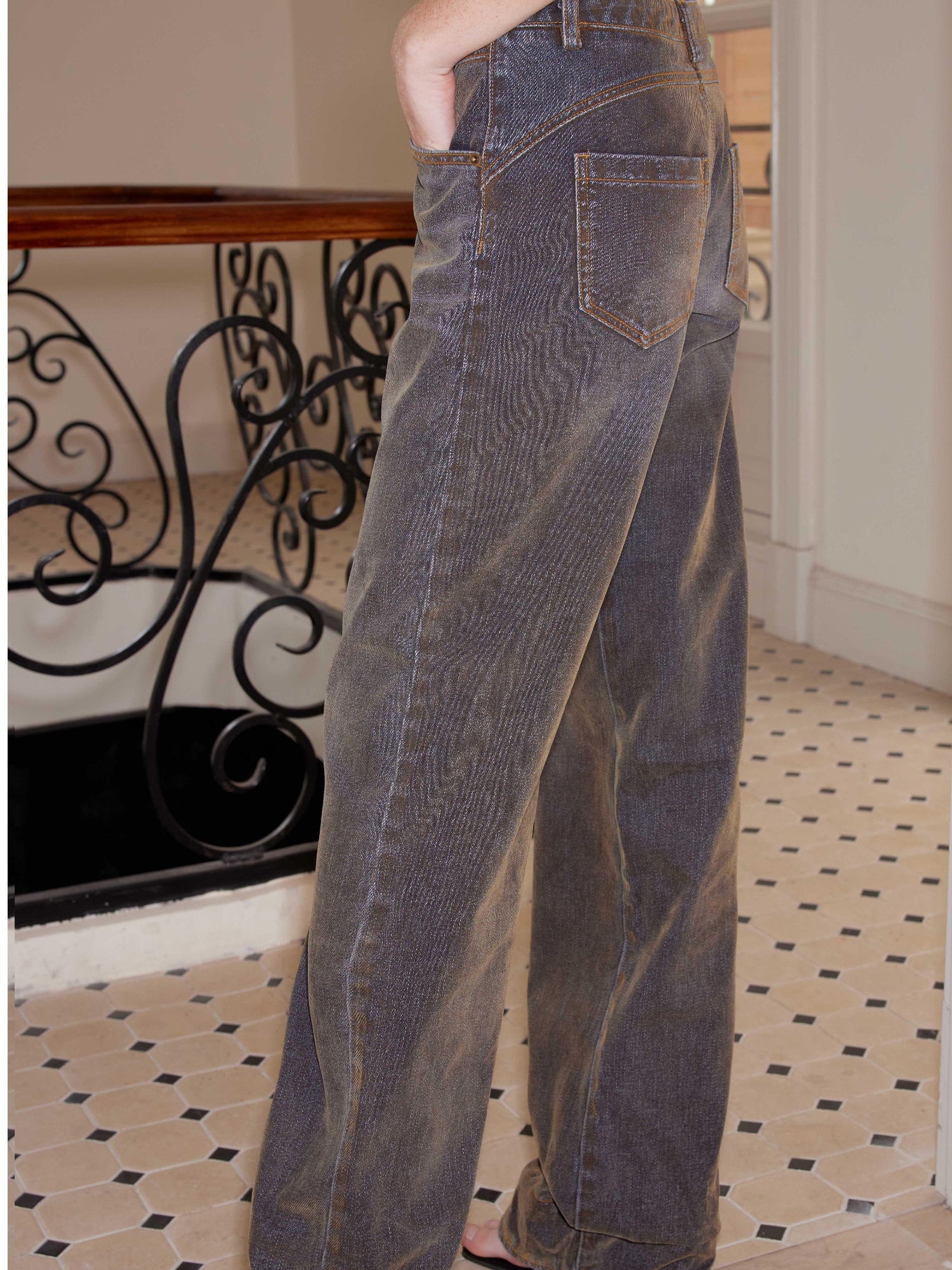 2th Desire Flared Patchwork Leopard Check Lace Flare Jeans With Detachable Skirt